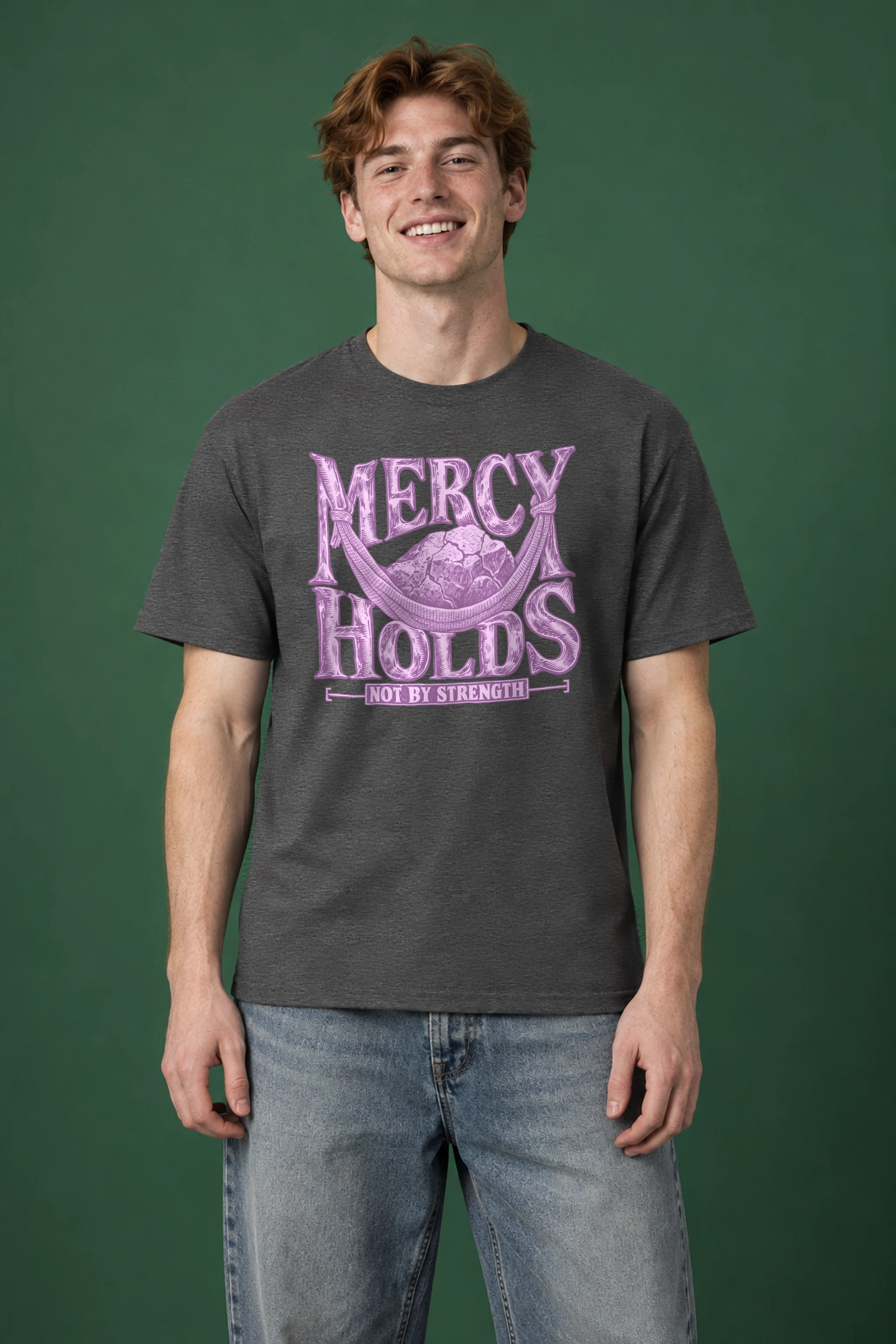 "Mercy Holds Not by Strength" Heavyweight Unisex Crewneck T-shirt