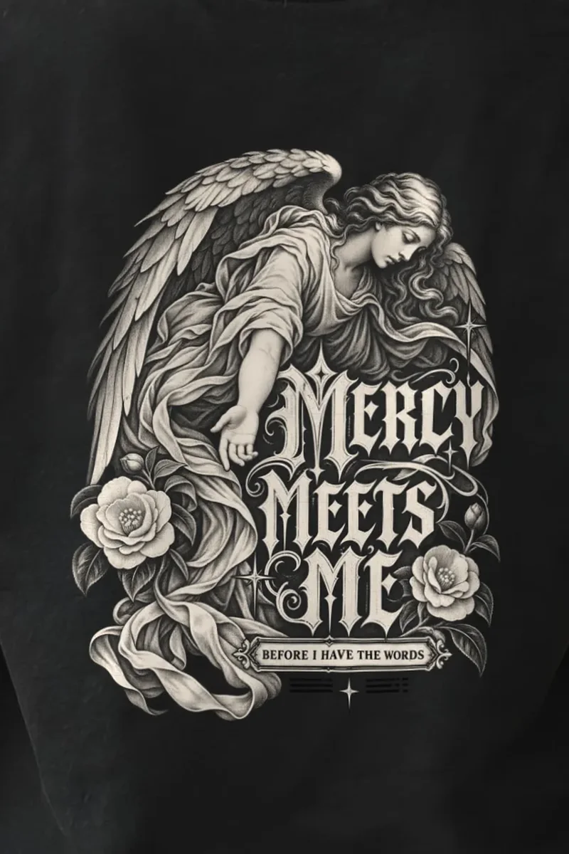 "Mercy Meets Me" Heavyweight Unisex Crewneck T-shirt - the graphic up close