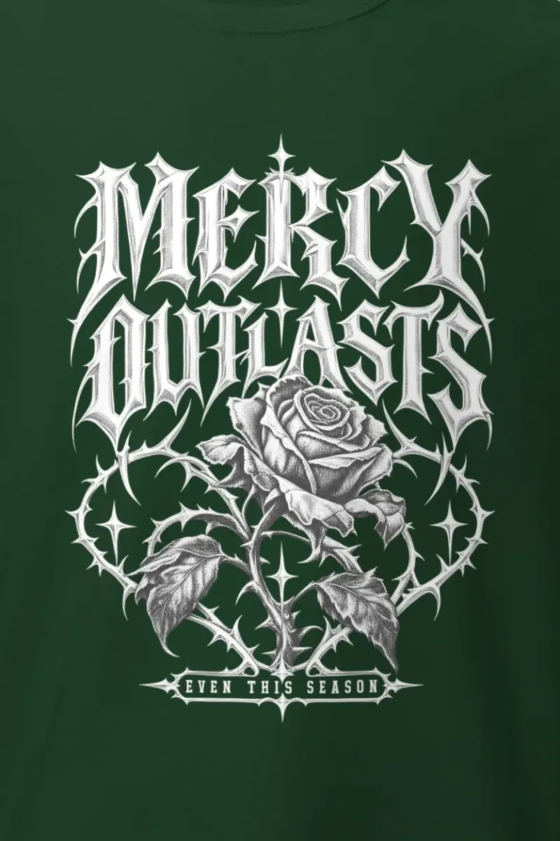 "Mercy Outlasts" Heavyweight Unisex Crewneck T-shirt - the graphic up close