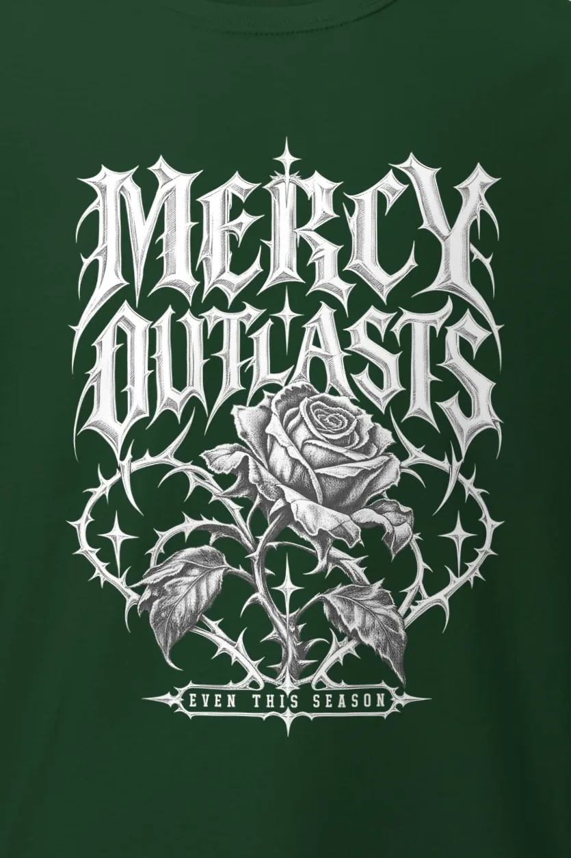 "Mercy Outlasts" Heavyweight Unisex Crewneck T-shirt - the graphic up close