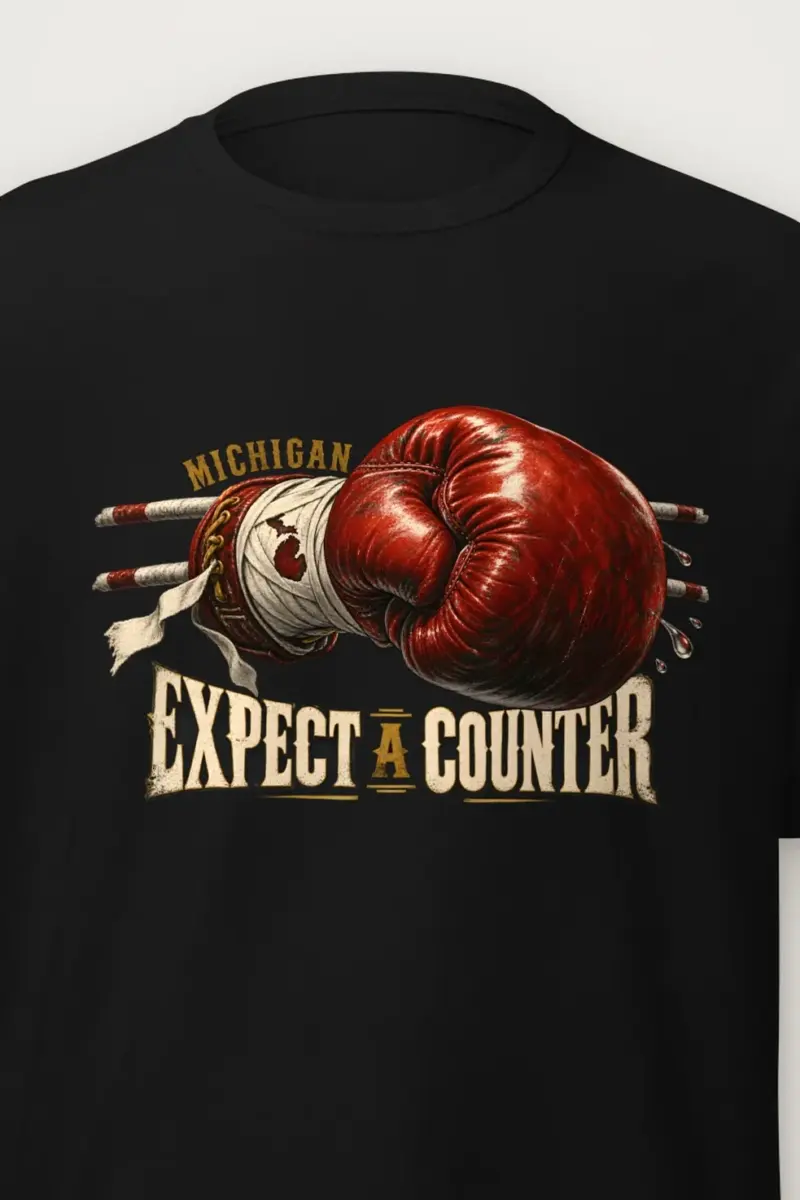 "Michigan Expect a Counter" Heavyweight Unisex Crewneck T-shirt - the graphic up close