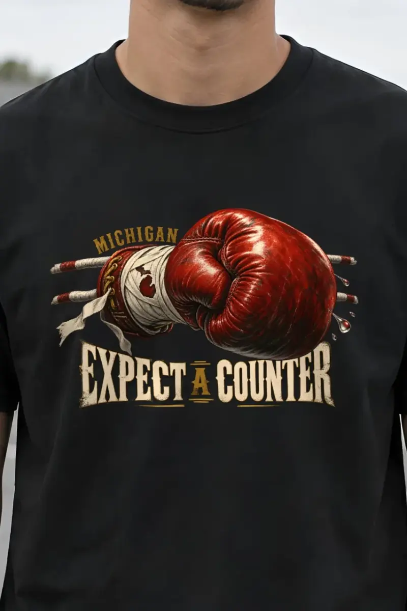 "Michigan Expect a Counter" Heavyweight Unisex Crewneck T-shirt - the graphic up close