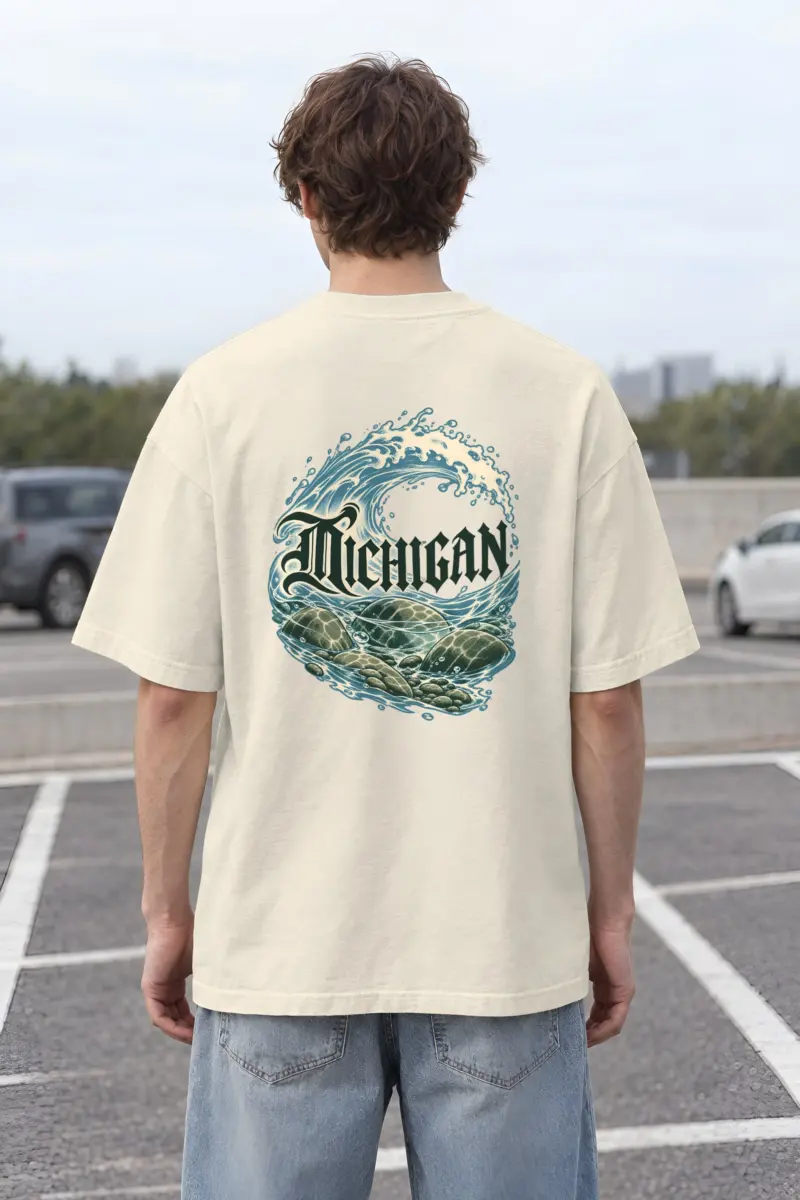 “Michigan Wave Blackletter” Men’s Oversized Heavyweight Crewneck T-Shirt