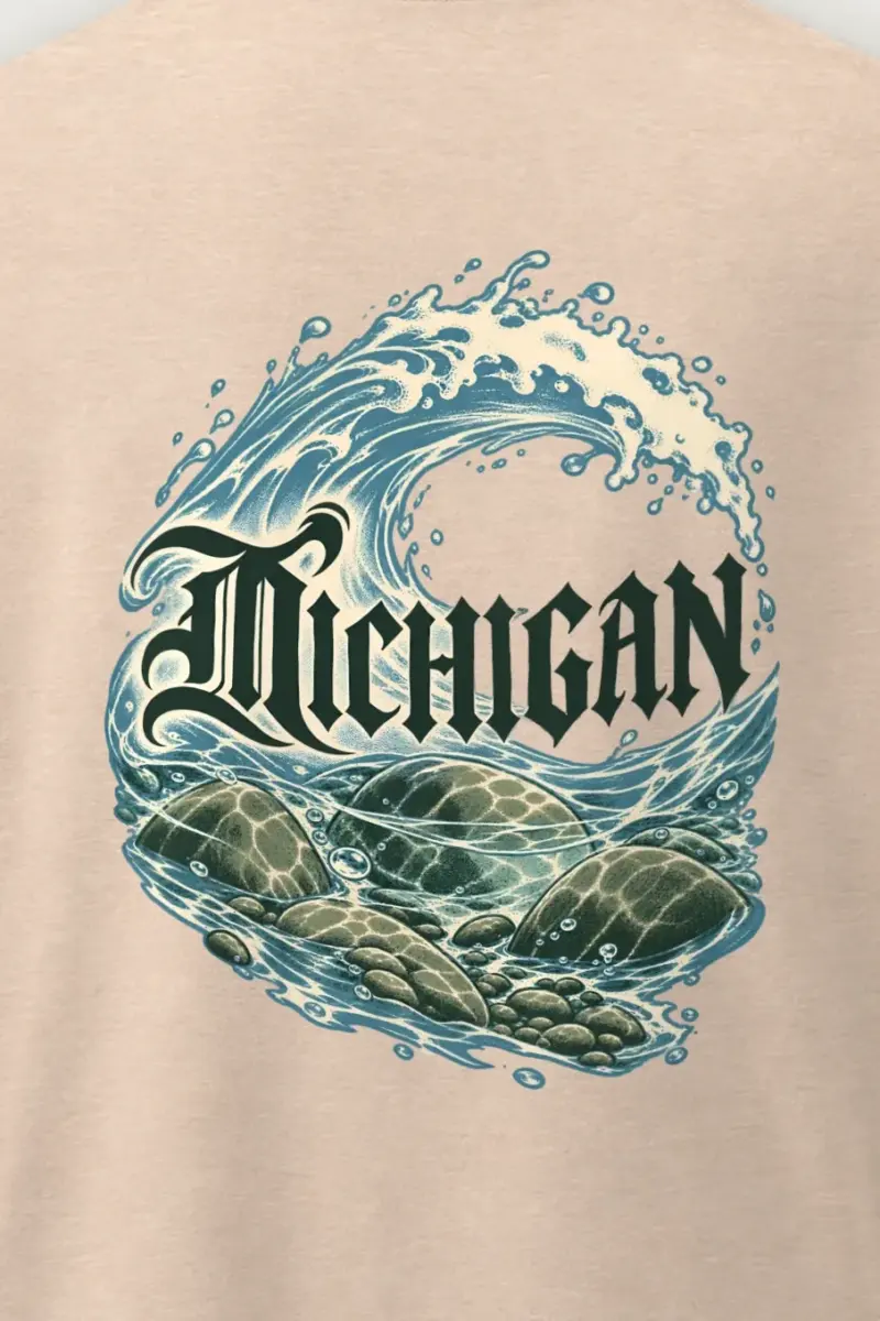 "Michigan Wave Blackletter" Men’s Oversized Heavyweight Crewneck T-Shirt - the graphic up close