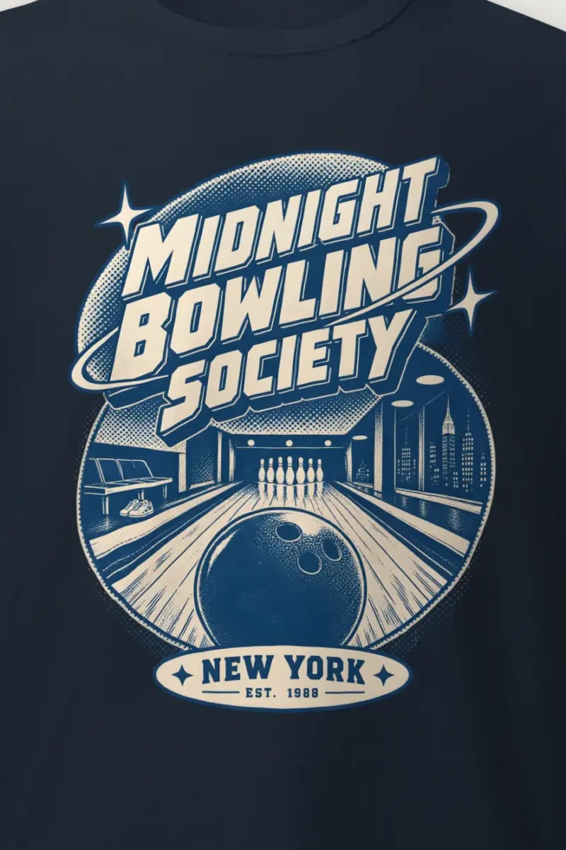 "Midnight Bowling Society" Heavyweight Unisex Crewneck T-shirt - the graphic up close