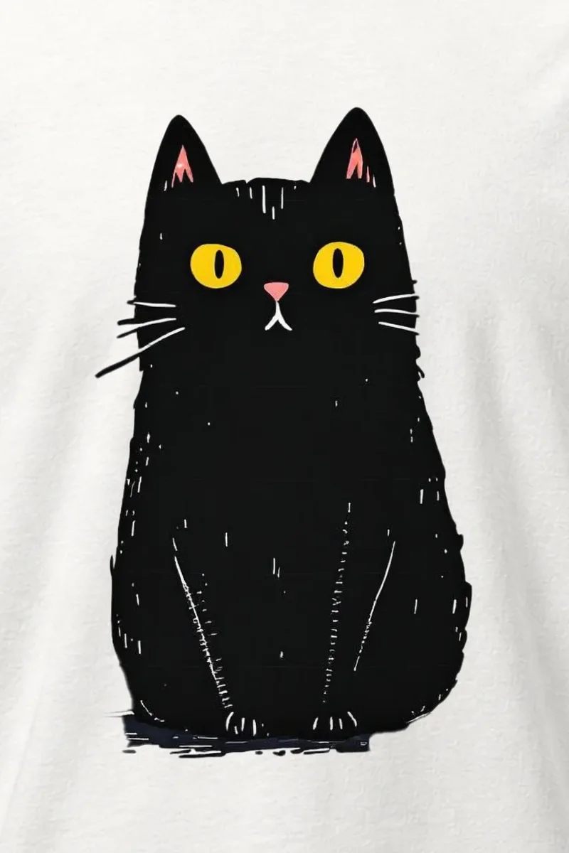 "Midnight Cat" Heavyweight Unisex Crewneck T-shirt - the graphic up close