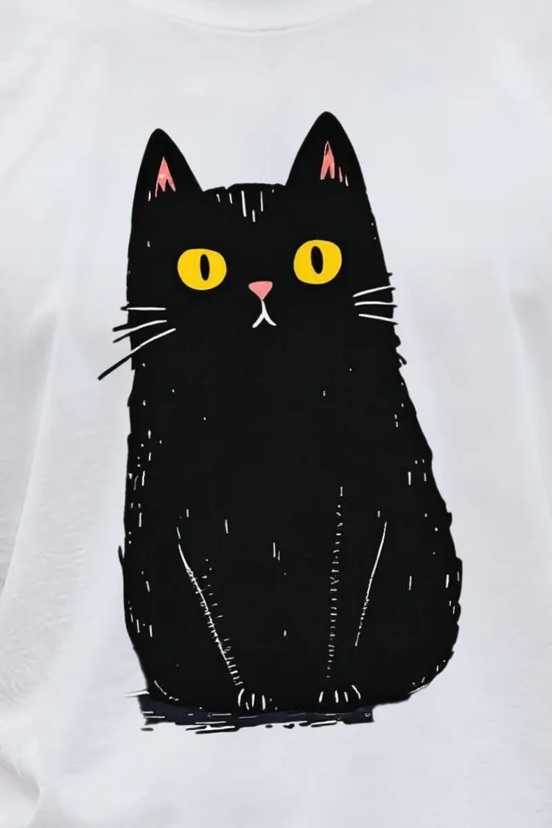 "Midnight Cat" Heavyweight Unisex Crewneck T-shirt - the graphic up close