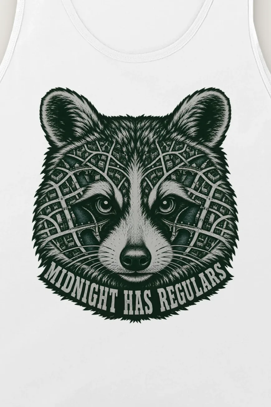"Midnight Has Regulars" Unisex Jersey Tank - the graphic up close