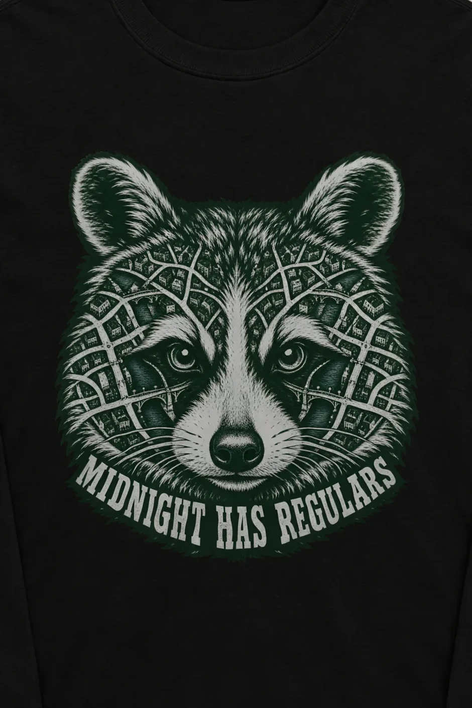 "Midnight Has Regulars" Unisex Longsleeve T-shirt - the graphic up close