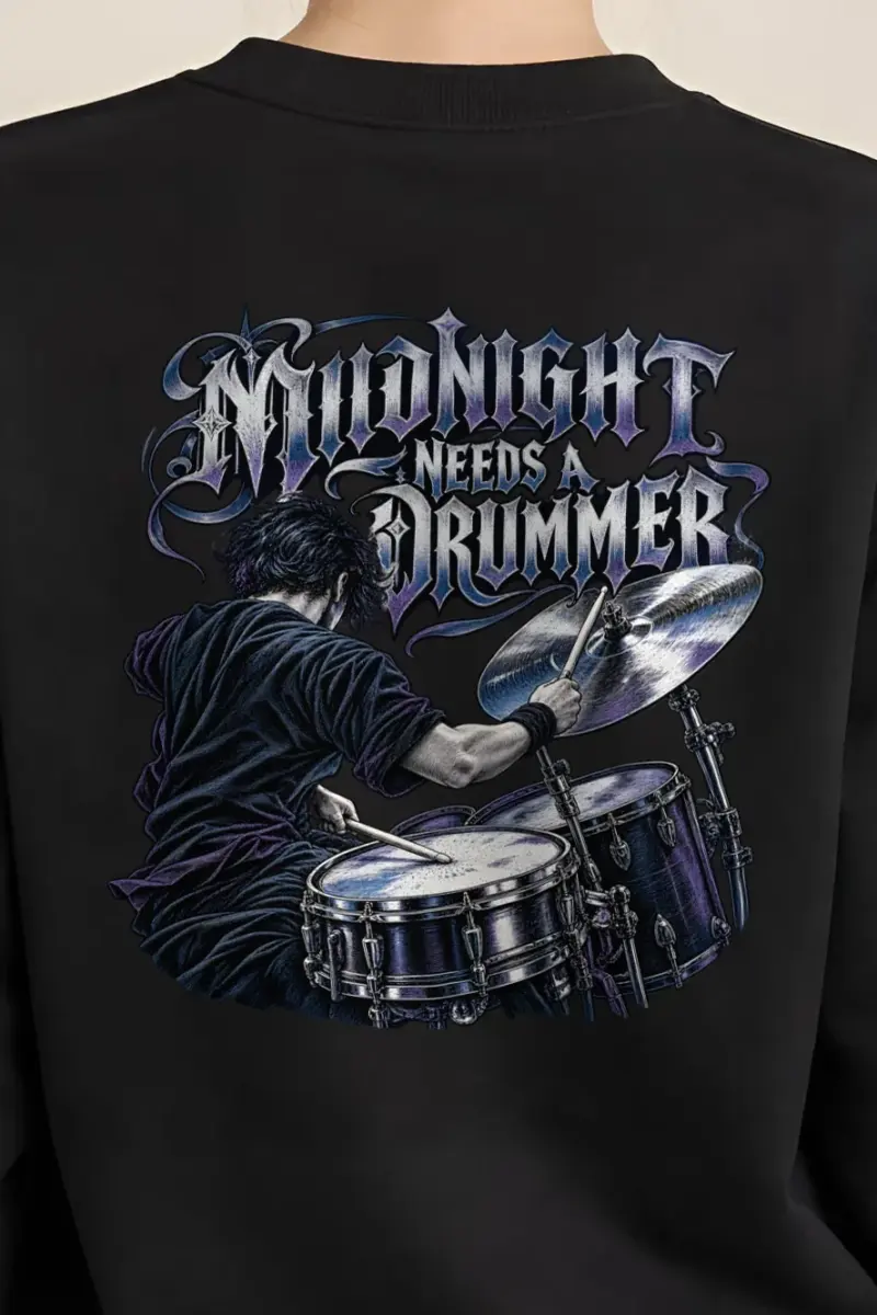 "Midnight Needs a Drummer" Heavy Blend Unisex Crewneck Sweatshirt - the graphic up close