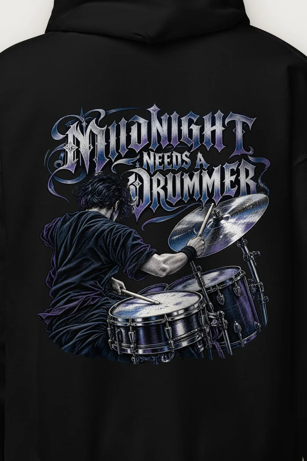 "Midnight Needs a Drummer" Heavy Blend Unisex Pullover Hoodie - the graphic up close