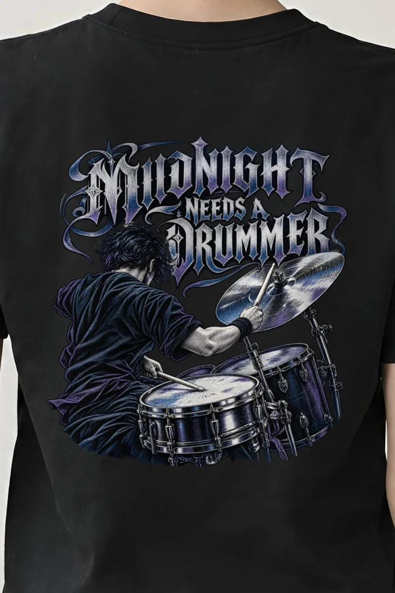 "Midnight Needs a Drummer" Heavyweight Unisex Crewneck T-shirt - the graphic up close