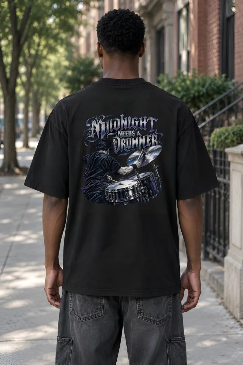 “Midnight Needs a Drummer” Men’s Oversized Heavyweight Crewneck T-Shirt