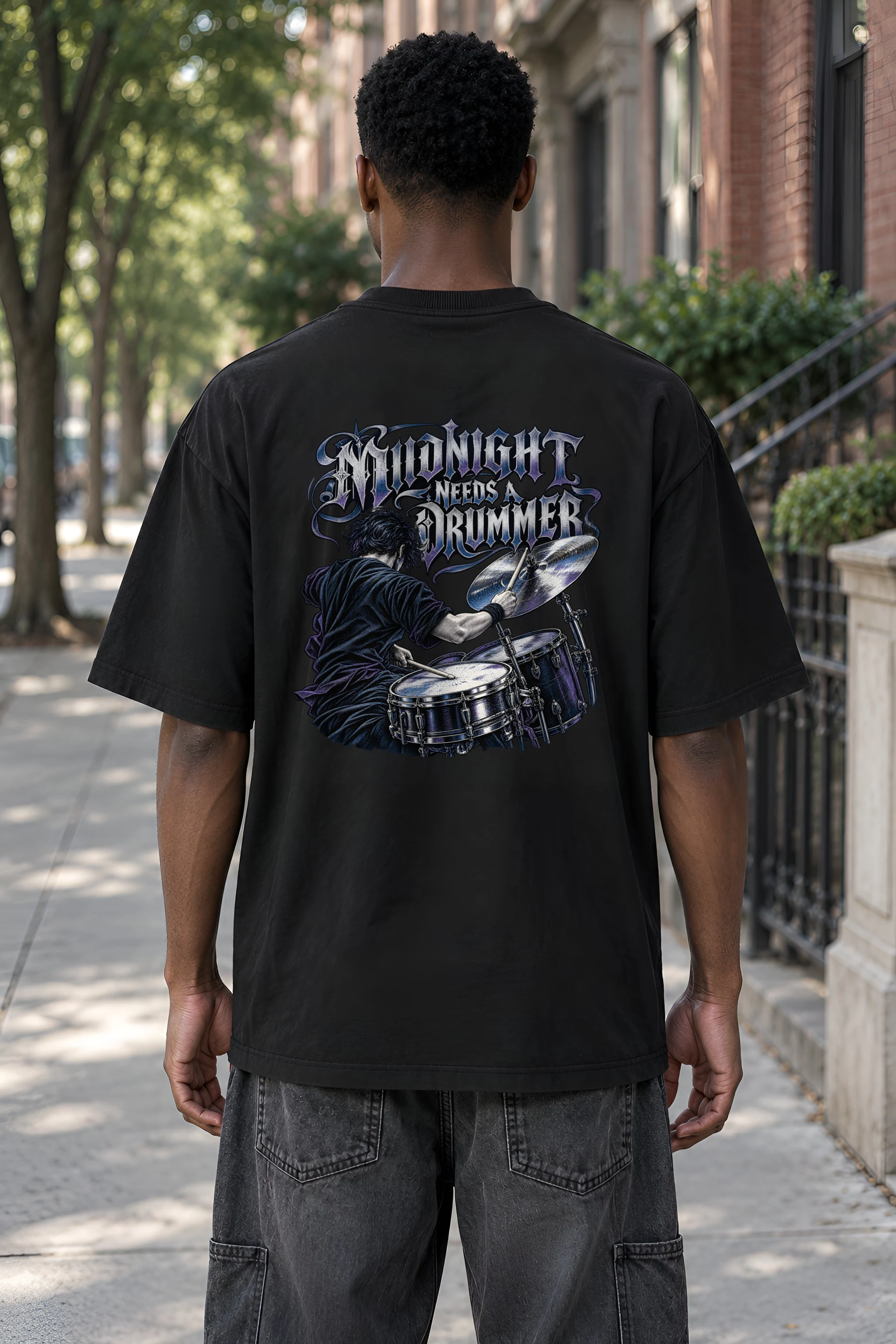 "Midnight Needs a Drummer" Men's Oversized Heavyweight Crewneck T-Shirt