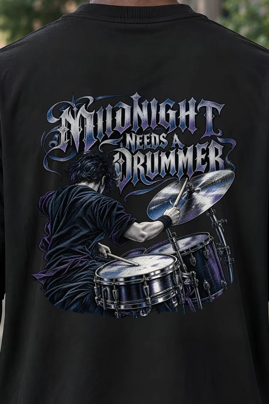 "Midnight Needs a Drummer" Men’s Oversized Heavyweight Crewneck T-Shirt - the graphic up close