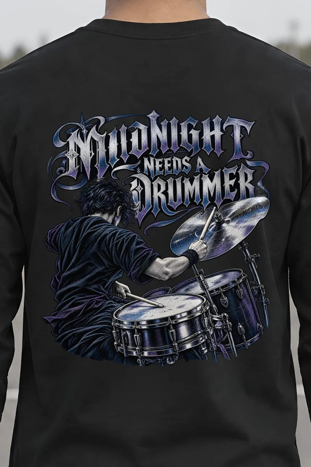 "Midnight Needs a Drummer" Unisex Longsleeve T-shirt - the graphic up close