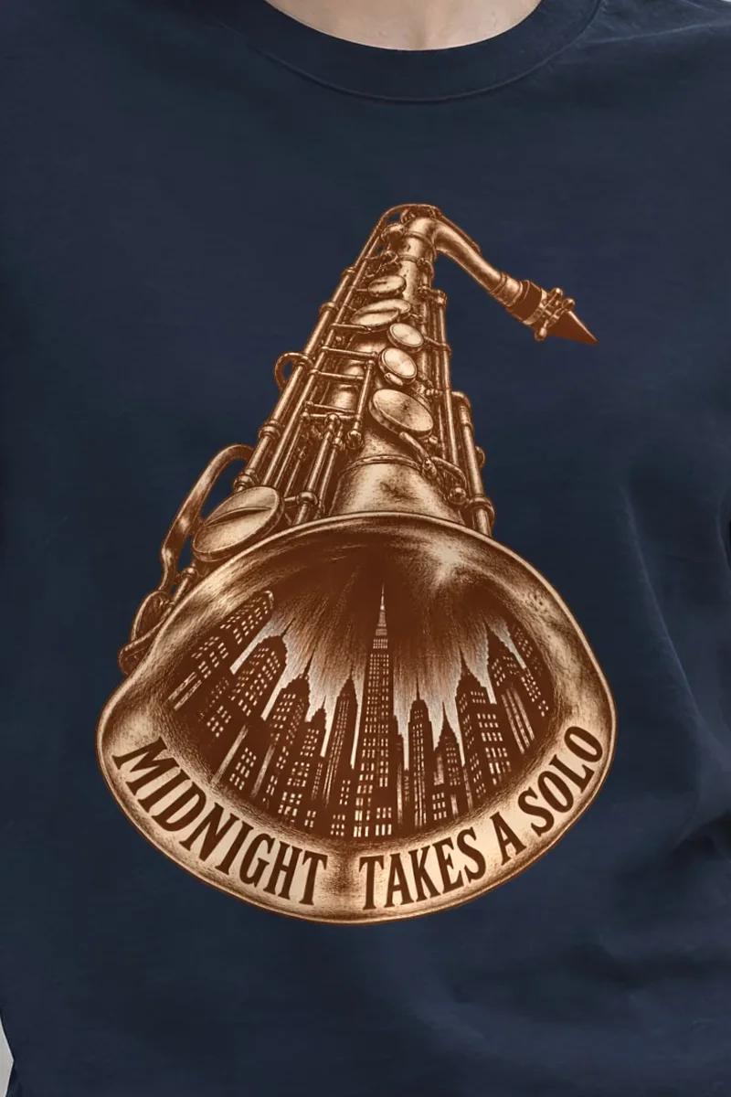"Midnight Takes a Solo" Heavyweight Unisex Crewneck T-shirt - the graphic up close