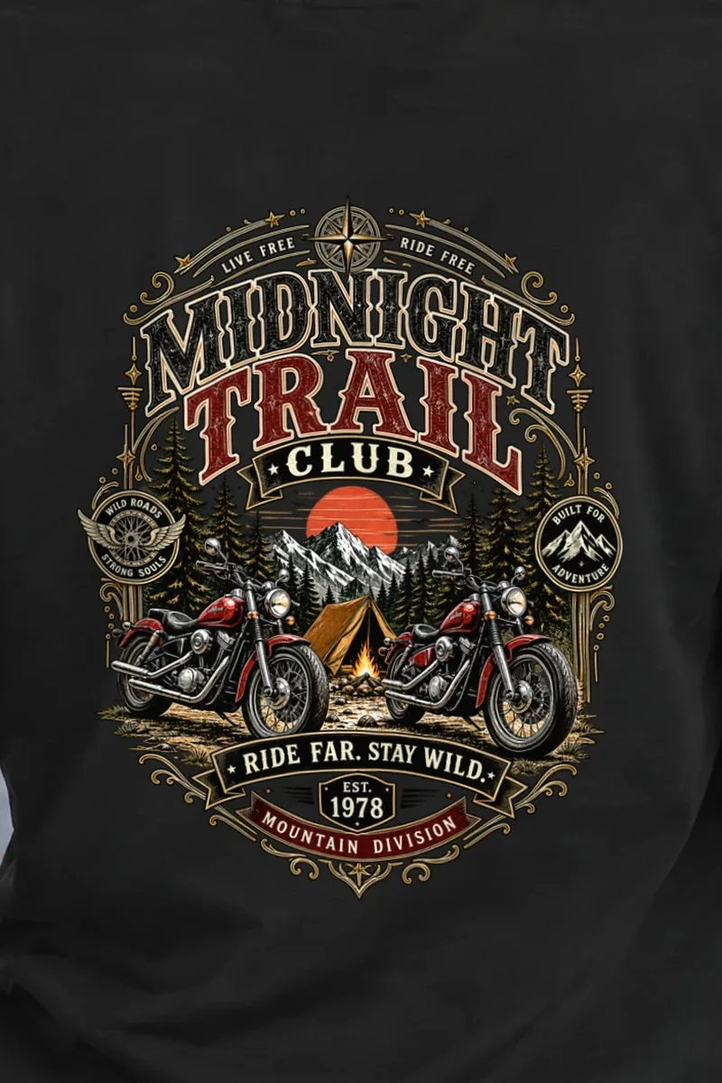 "Midnight Trail Club" Heavyweight Unisex Crewneck T-shirt - the graphic up close