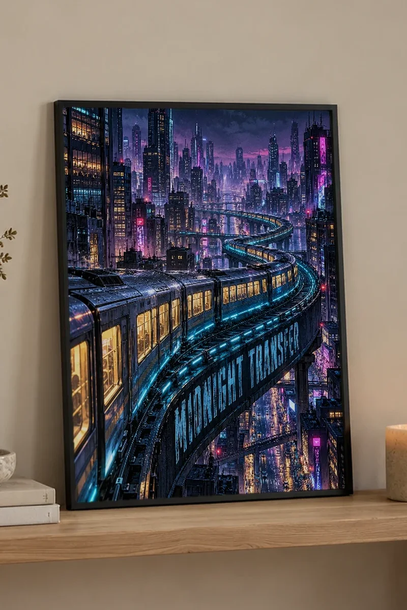 "Midnight Transfer" Premium Wooden Framed Poster - the graphic up close