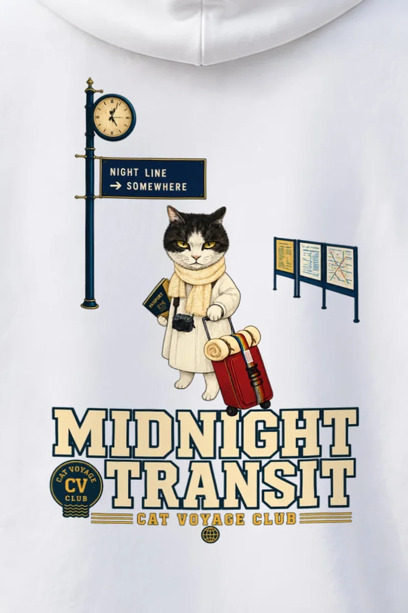 "Midnight Transit Cat" 1 Pullover Hoodie - the graphic up close