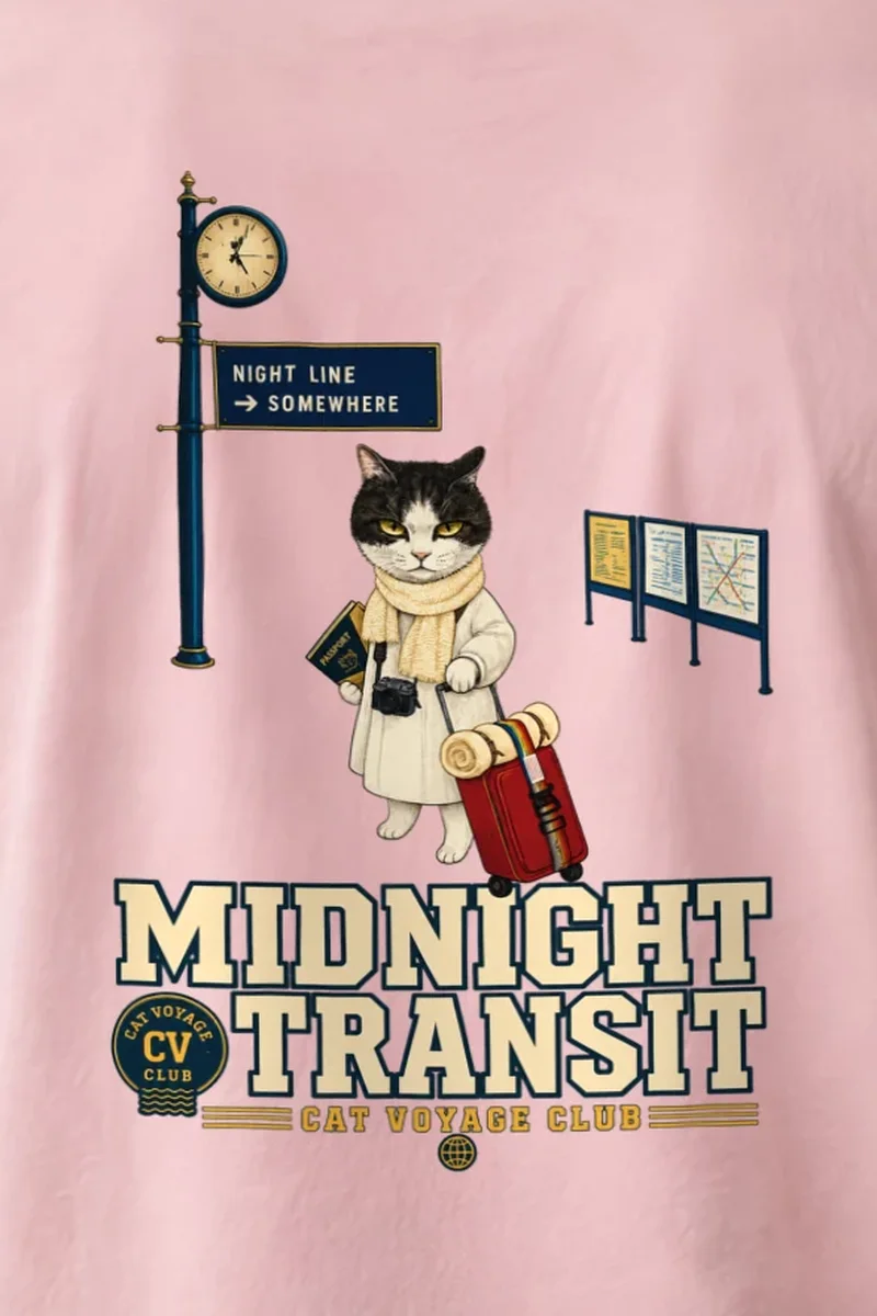 "Midnight Transit Cat" Heavyweight Unisex Crewneck T-shirt - the graphic up close