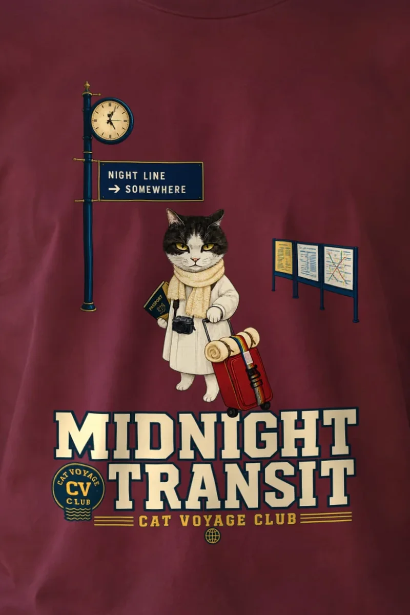 "Midnight Transit Cat" Unisex Longsleeve T-shirt - the graphic up close