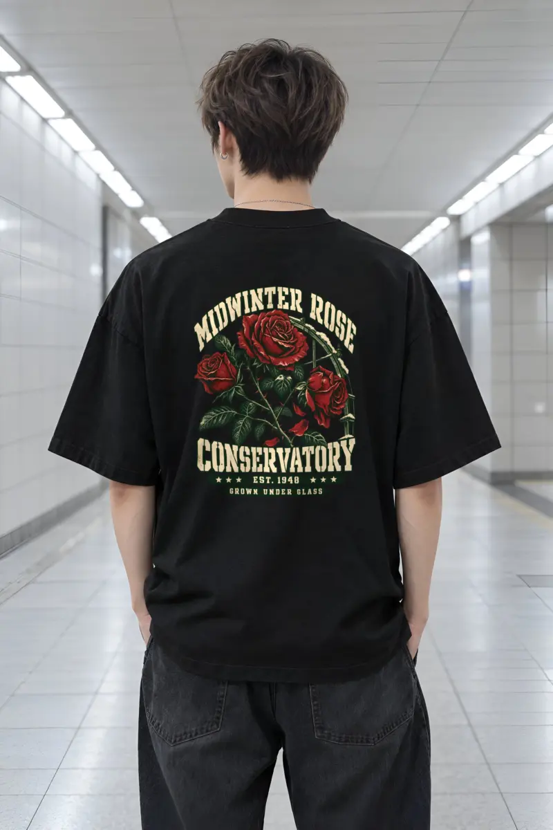 "Midwinter Rose Conservatory" Men's Oversized Heavyweight Crewneck T-Shirt