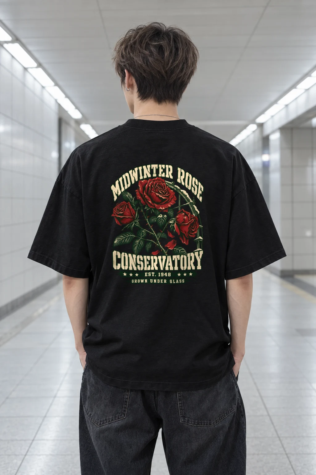 "Midwinter Rose Conservatory" Men's Oversized Heavyweight Crewneck T-Shirt
