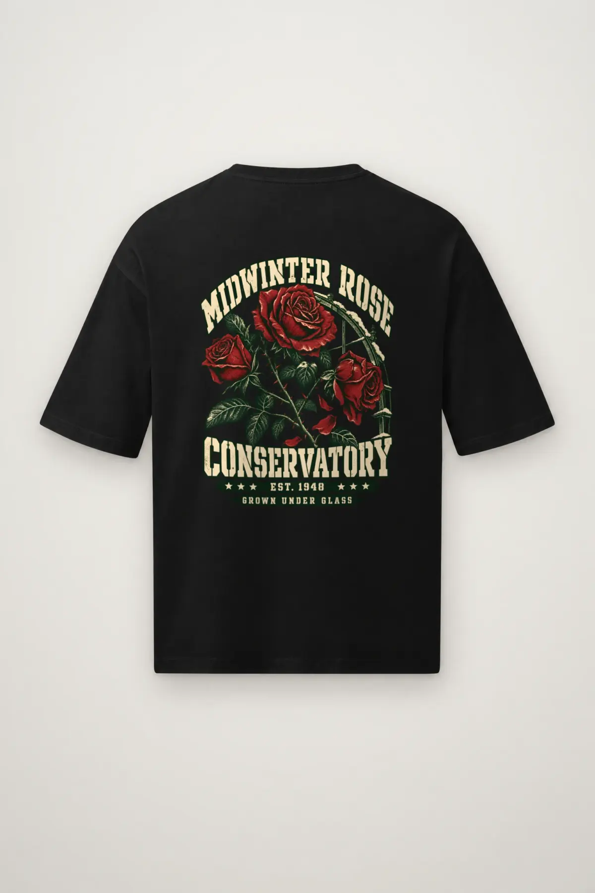 "Midwinter Rose Conservatory" Men's Oversized Heavyweight Crewneck T-Shirt