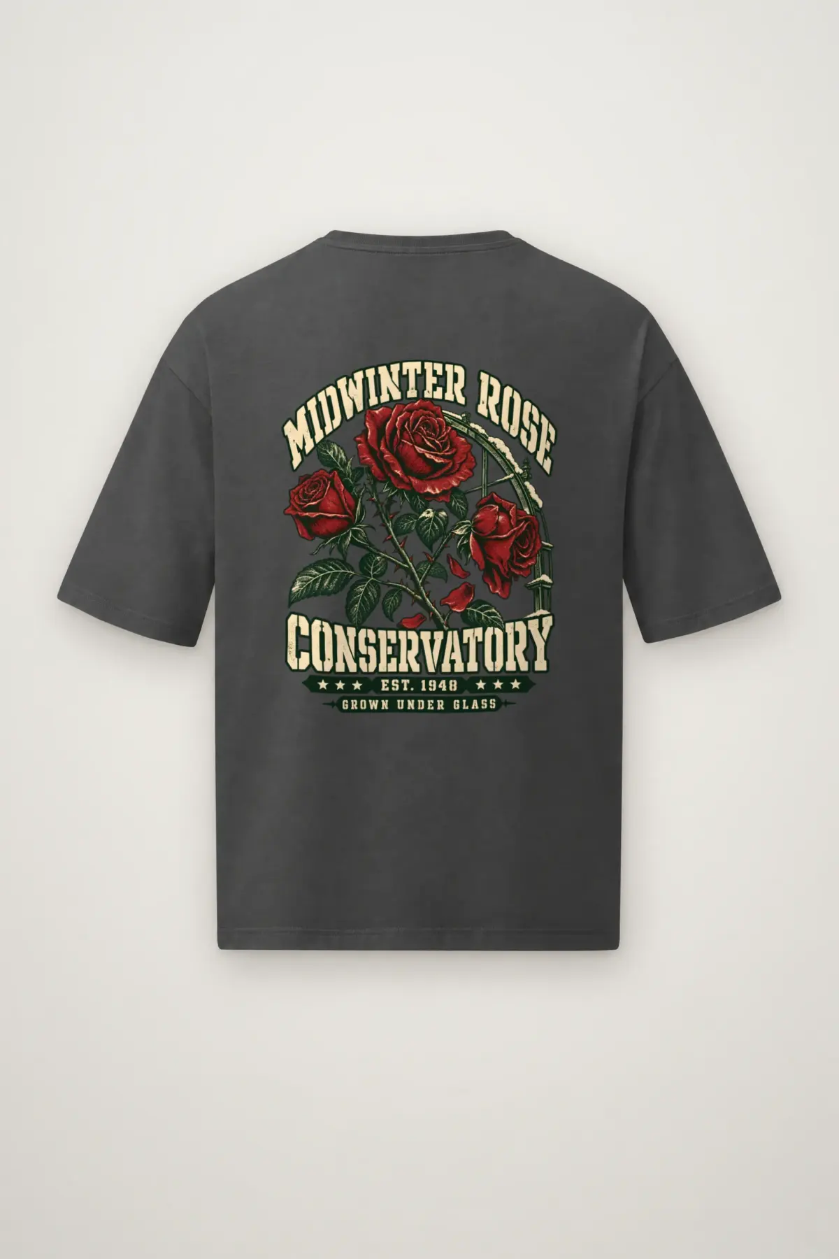 "Midwinter Rose Conservatory" Men's Oversized Heavyweight Crewneck T-Shirt