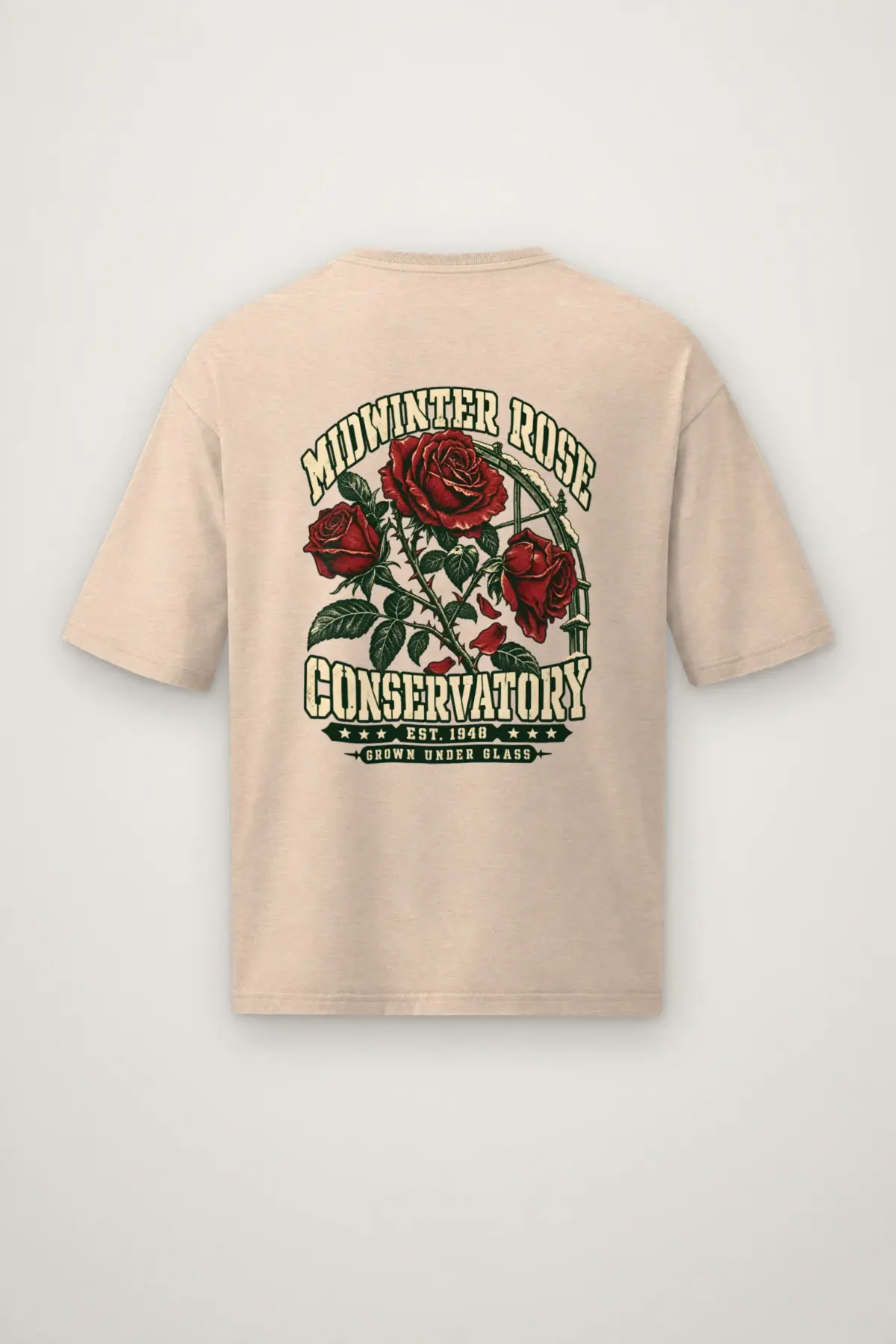 "Midwinter Rose Conservatory" Men's Oversized Heavyweight Crewneck T-Shirt