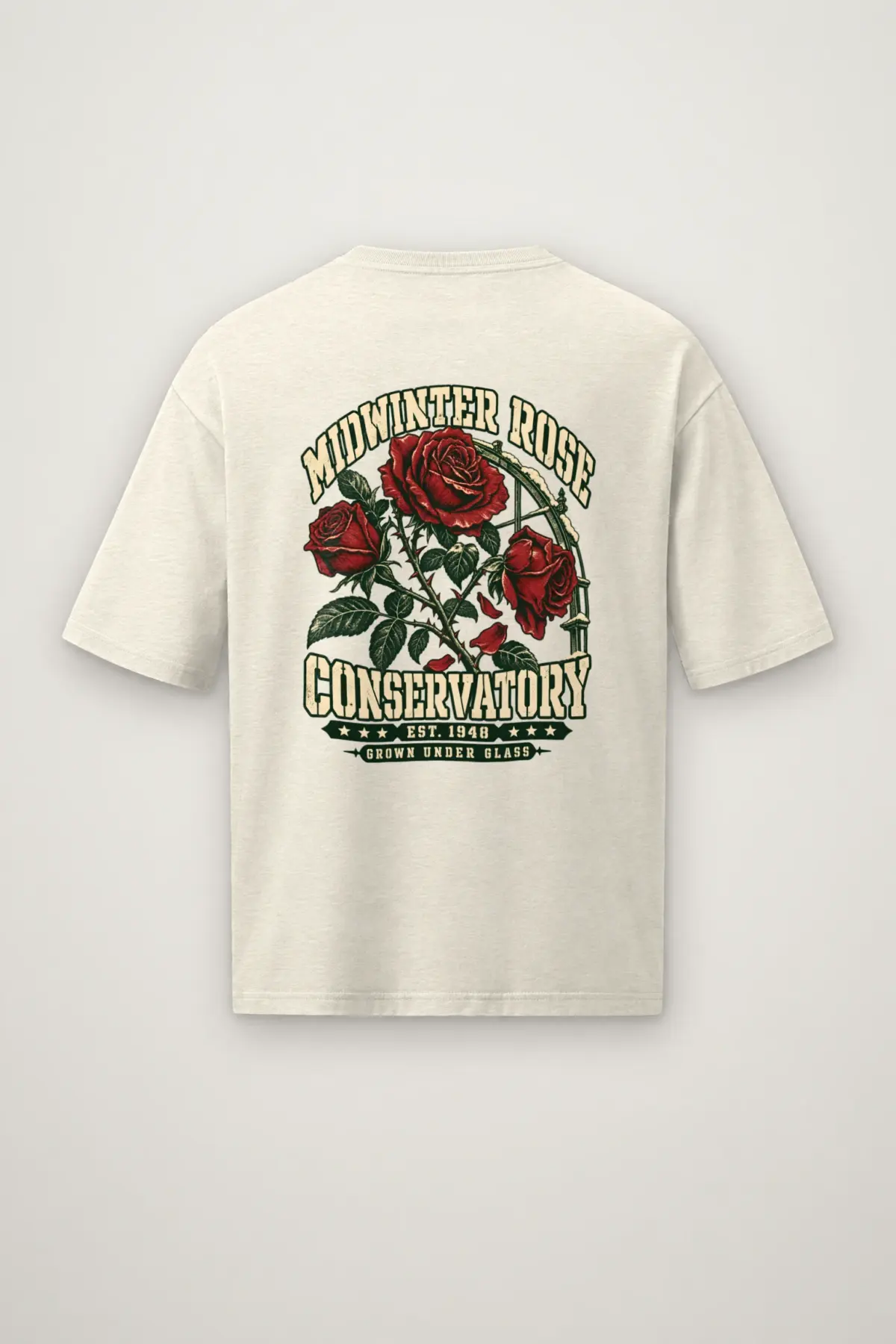 "Midwinter Rose Conservatory" Men's Oversized Heavyweight Crewneck T-Shirt