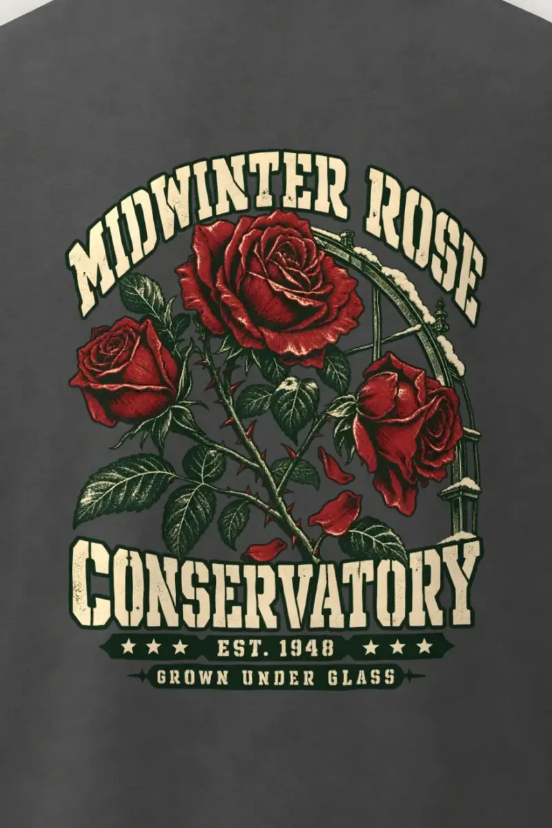 "Midwinter Rose Conservatory" Men’s Oversized Heavyweight Crewneck T-Shirt - the graphic up close