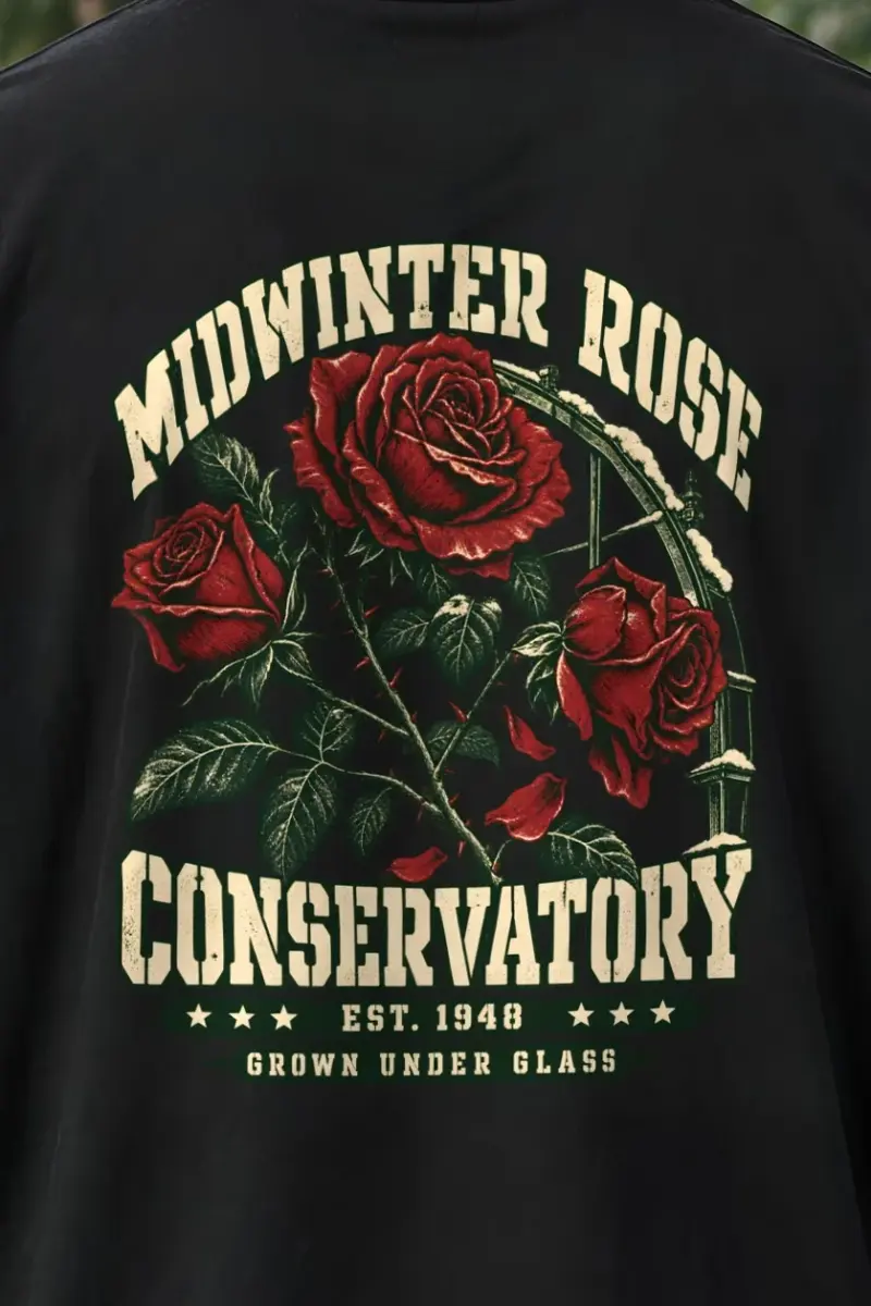 "Midwinter Rose Conservatory" Men’s Oversized Heavyweight Crewneck T-Shirt - the graphic up close