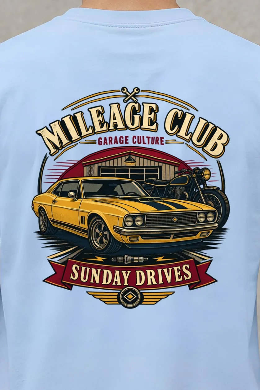 "Mileage Club" Heavyweight Unisex Crewneck T-shirt - the graphic up close