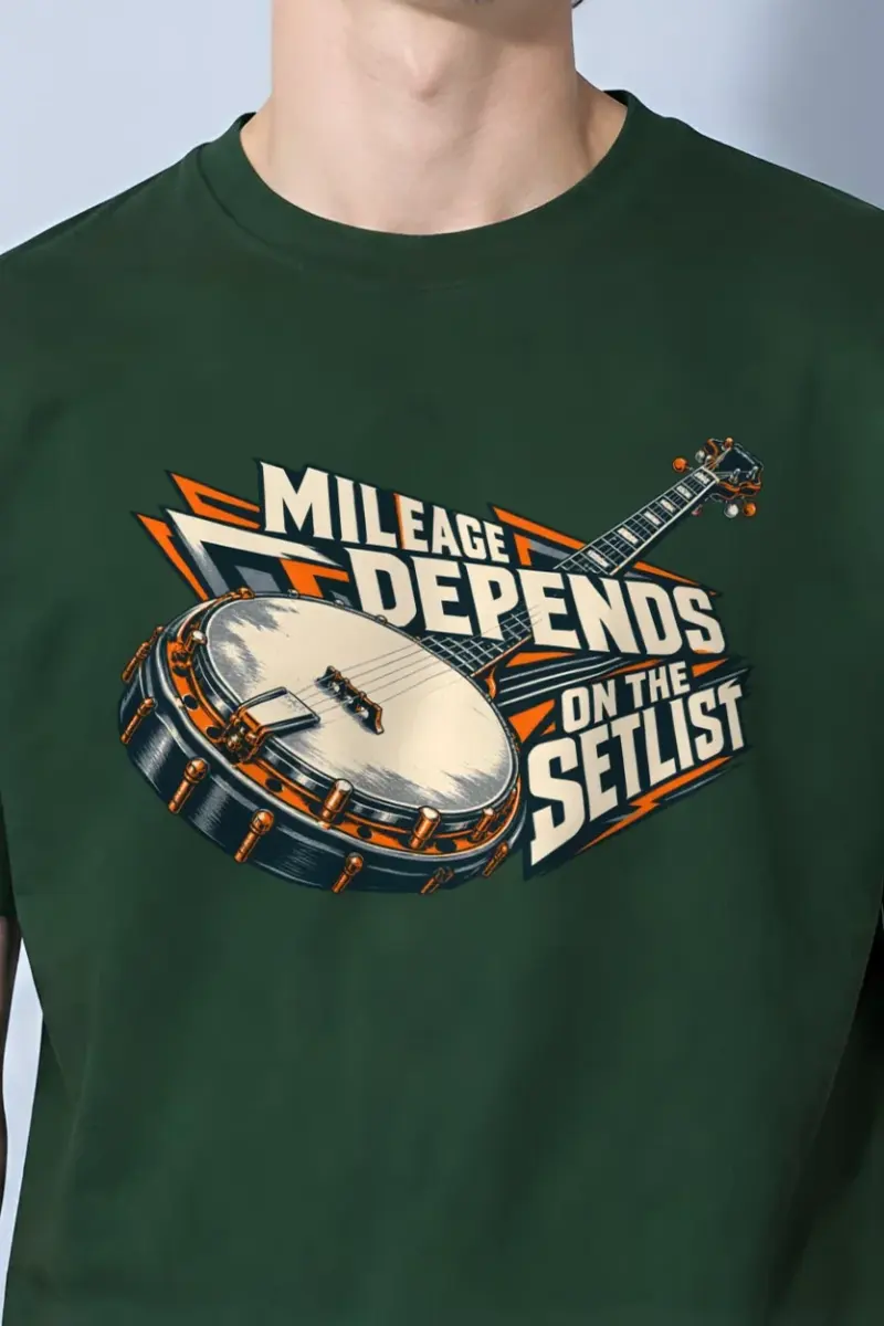"Mileage Depends on the Setlist" Heavyweight Unisex Crewneck T-shirt - the graphic up close