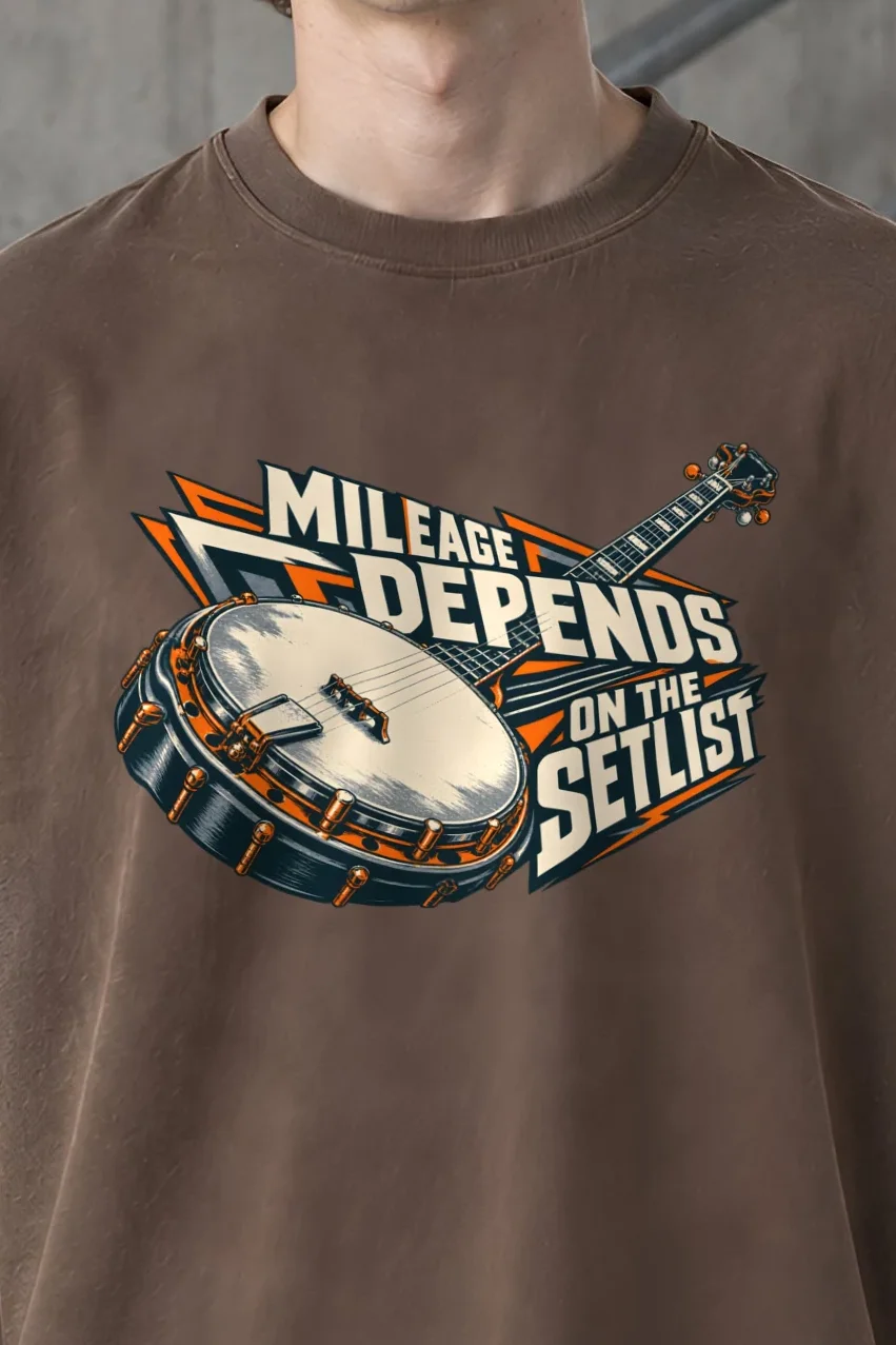 "Mileage Depends on the Setlist" Men’s Oversized Heavyweight Crewneck T-Shirt - the graphic up close