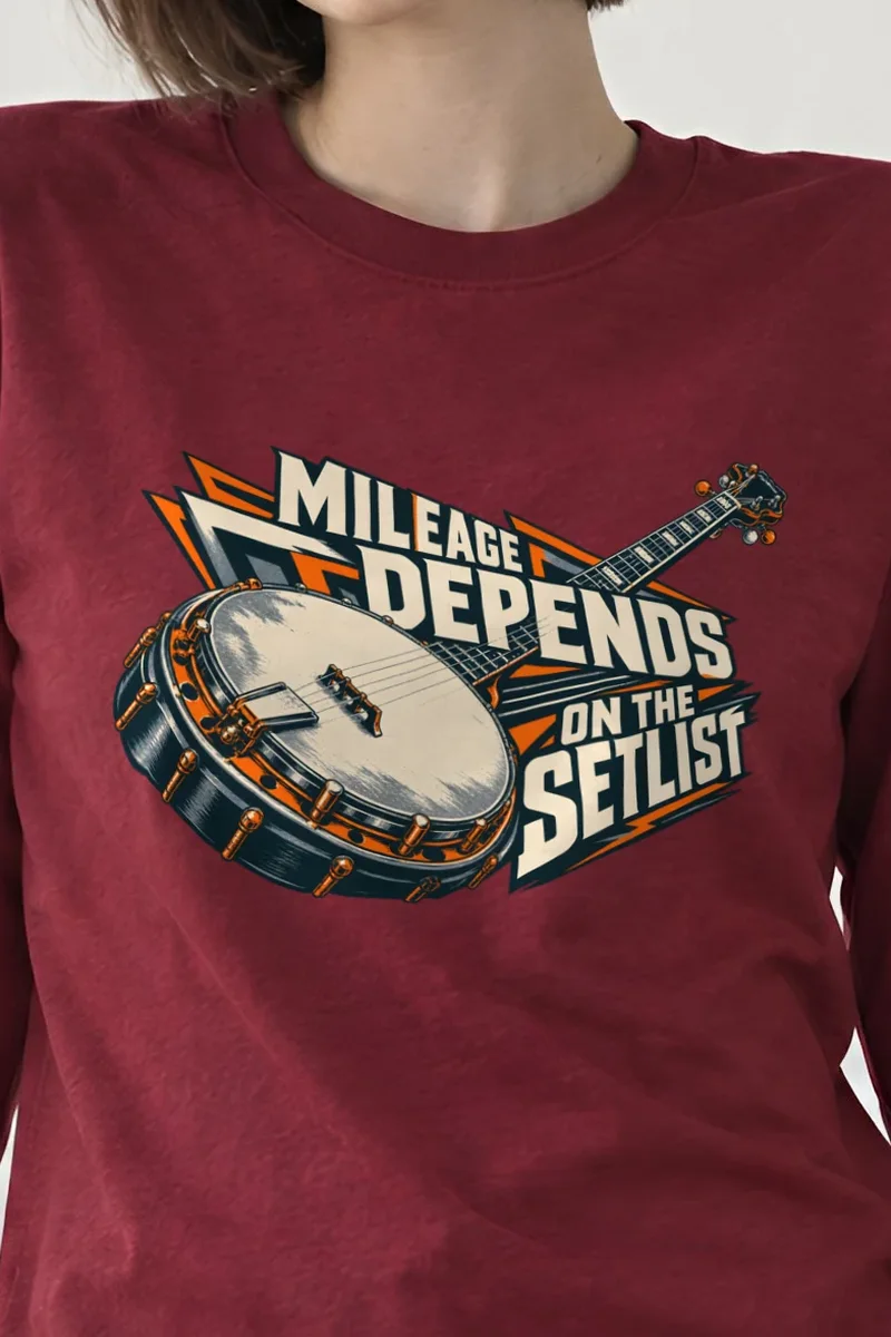 "Mileage Depends on the Setlist" Unisex Longsleeve T-shirt - the graphic up close