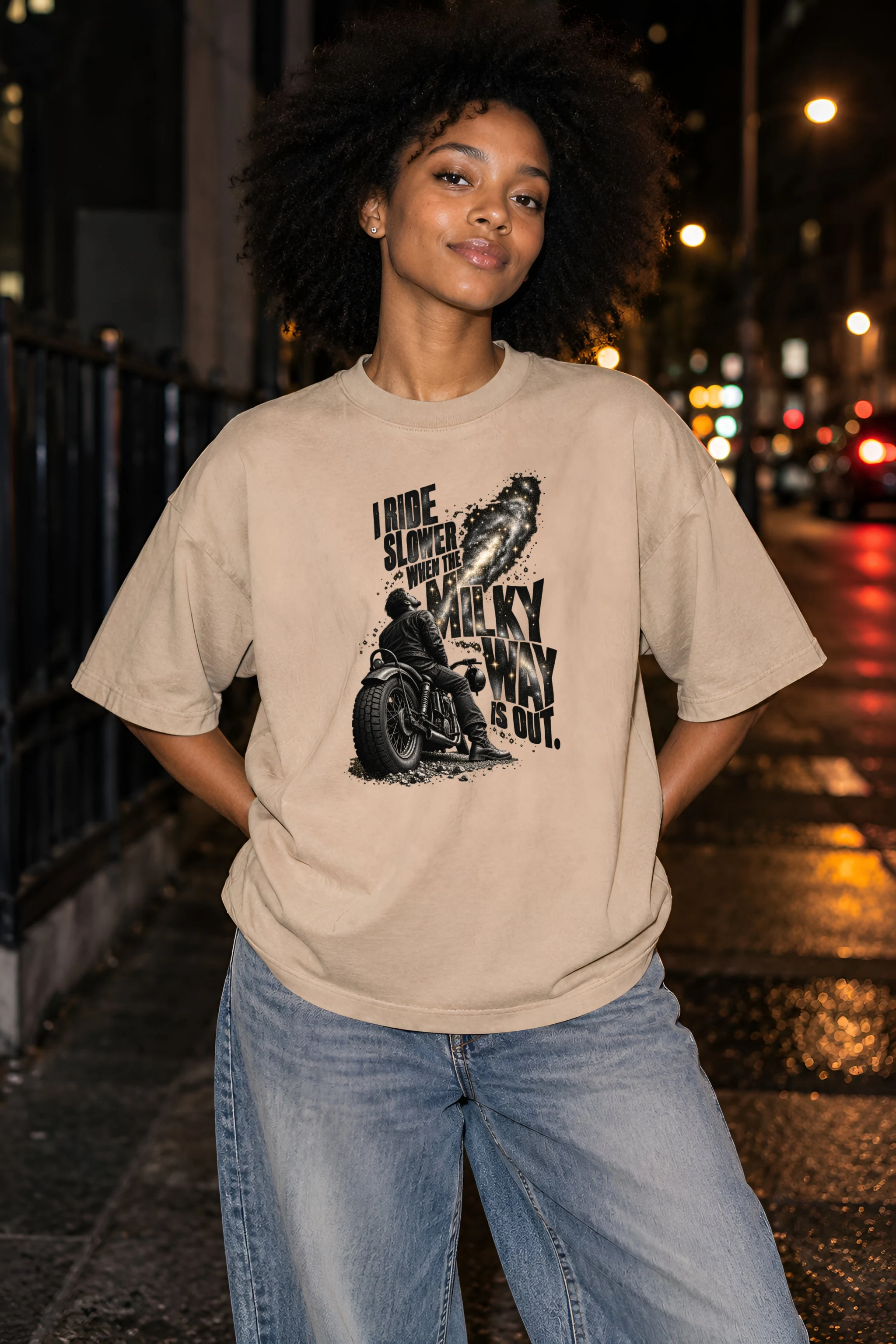 "Milky Way Motorcycle Rider" Unisex Oversized Heavyweight Crewneck T-Shirt
