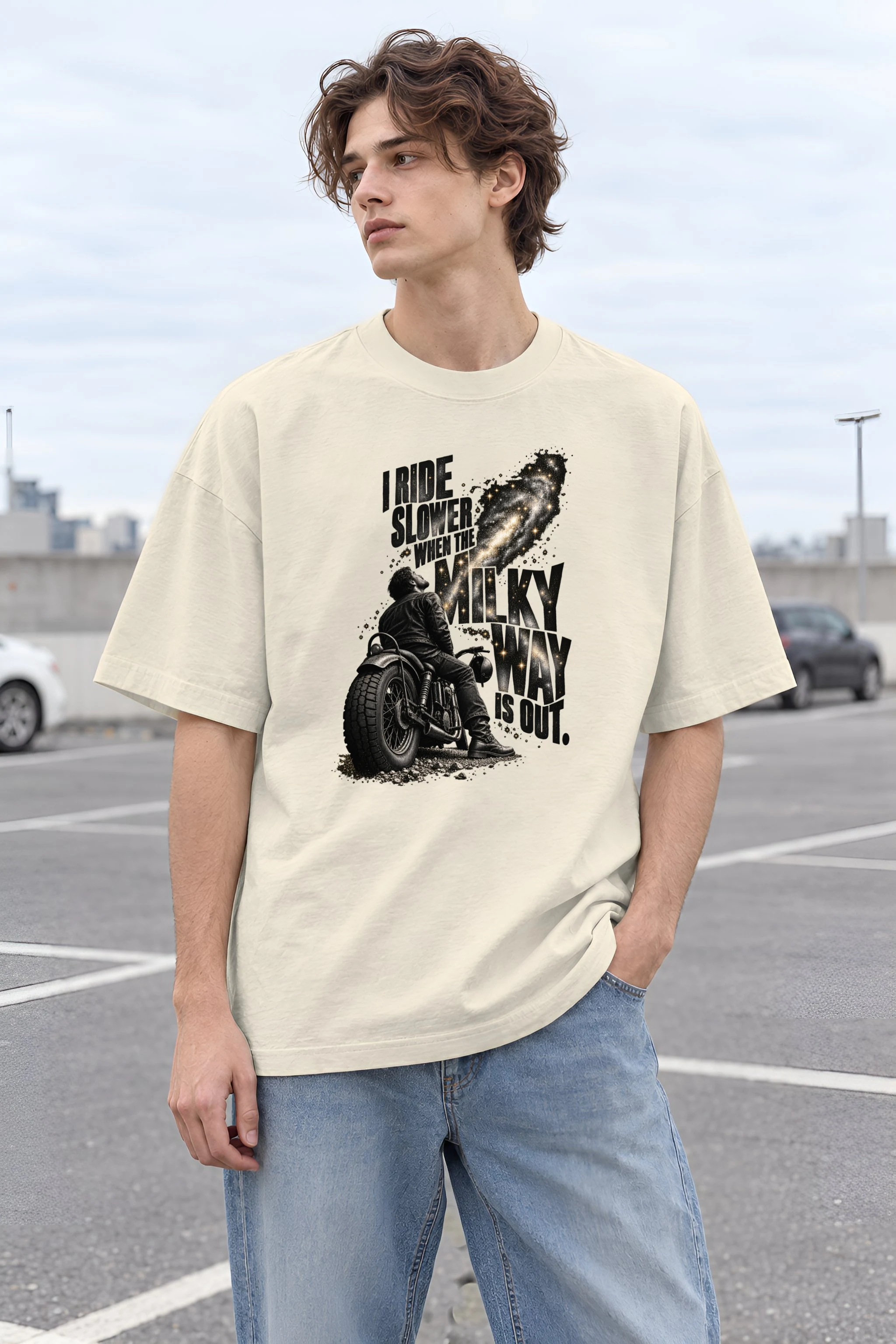 "Milky Way Motorcycle Rider" Unisex Oversized Heavyweight Crewneck T-Shirt