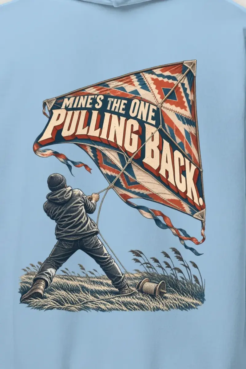 "Mine’s the One Pulling Back" Heavy Blend Unisex Pullover Hoodie - the graphic up close