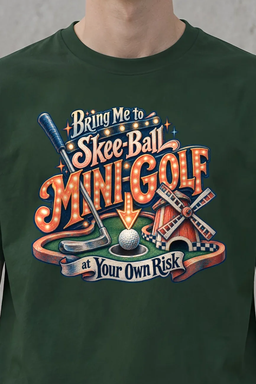 "Mini-Golf at Your Own Risk" Heavyweight Unisex Crewneck T-shirt - the graphic up close