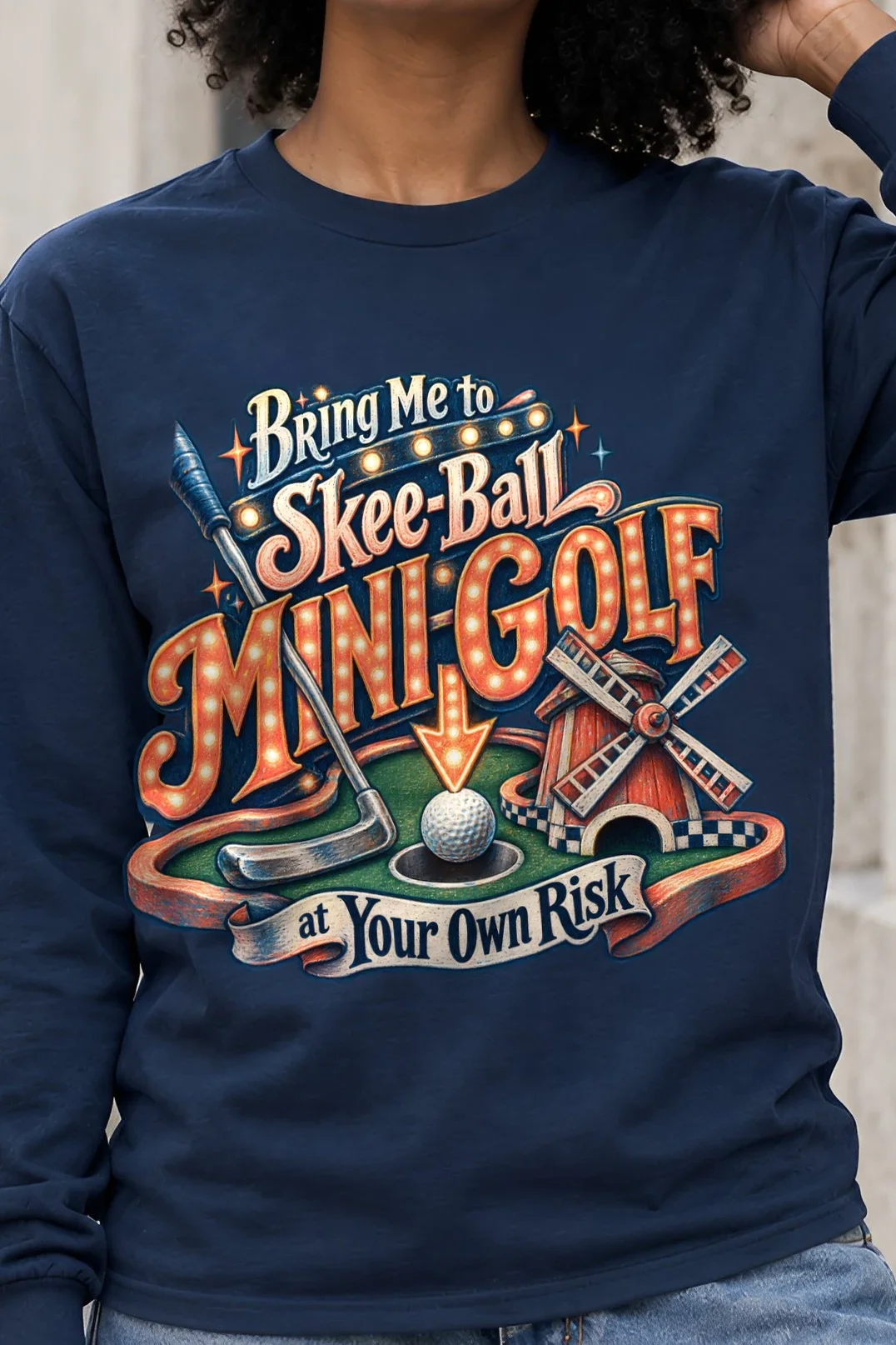 "Mini-Golf at Your Own Risk" Unisex Longsleeve T-shirt - the graphic up close