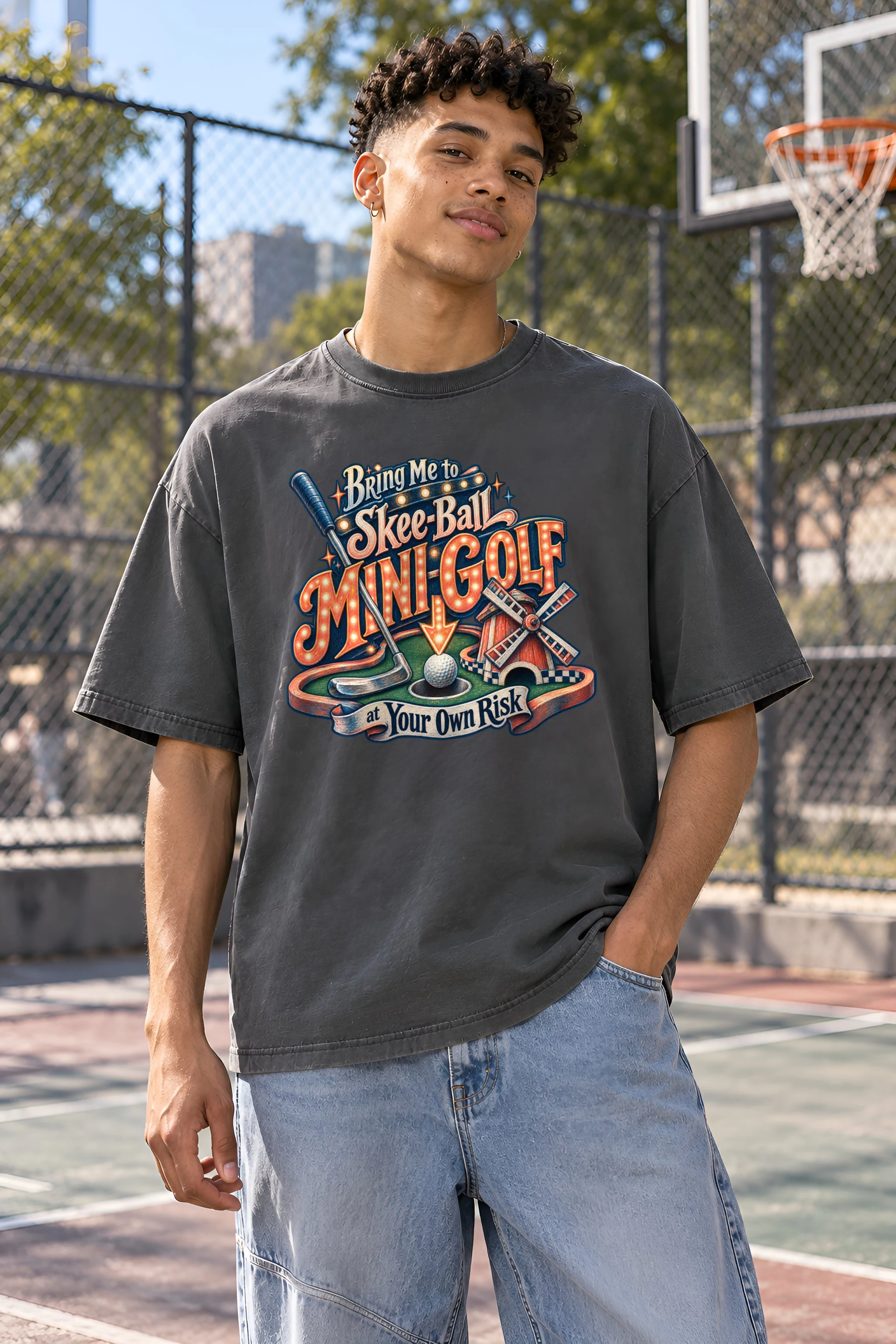 "Mini-Golf at Your Own Risk" Unisex Oversized Heavyweight Crewneck T-Shirt