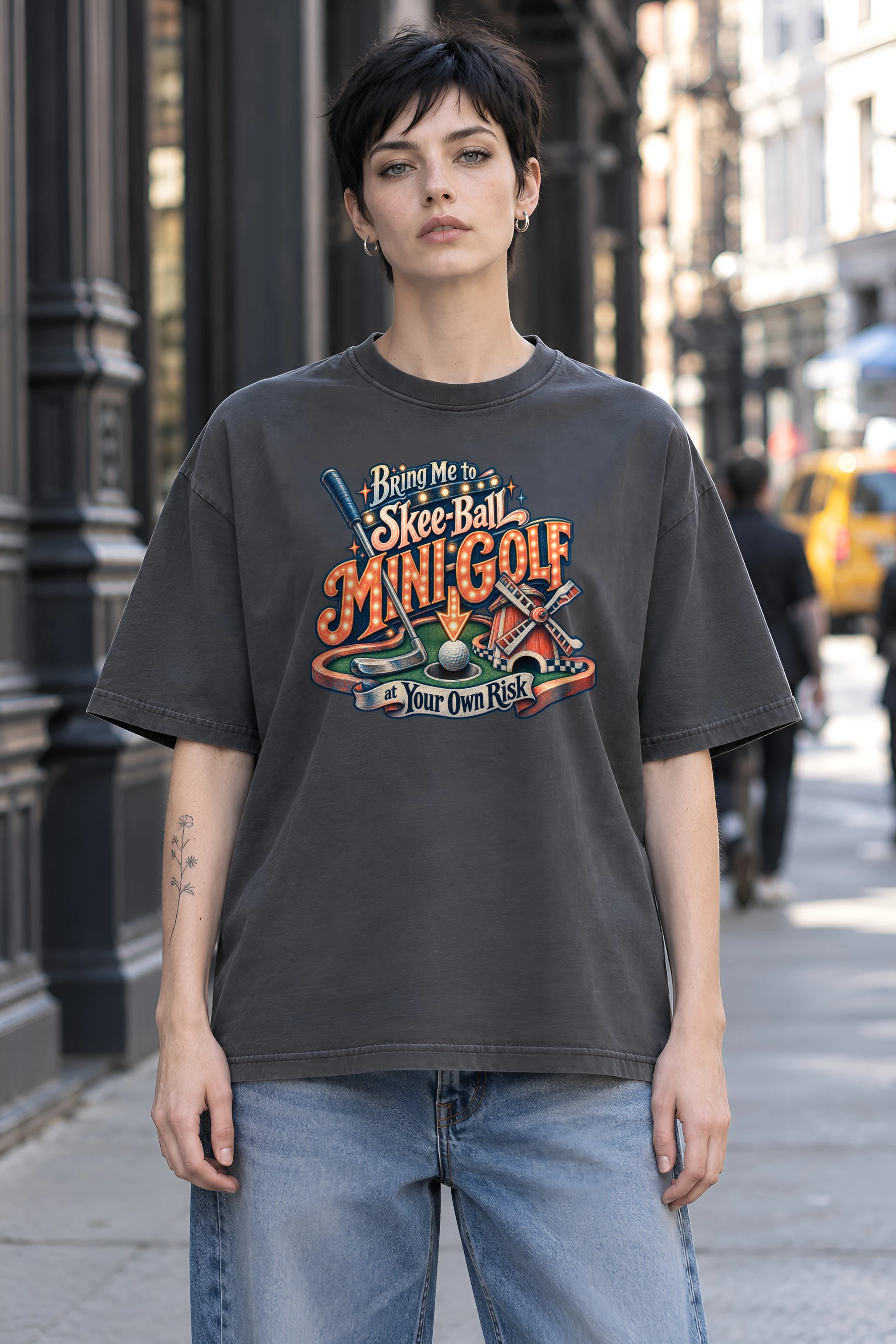 "Mini-Golf at Your Own Risk" Unisex Oversized Heavyweight Crewneck T-Shirt