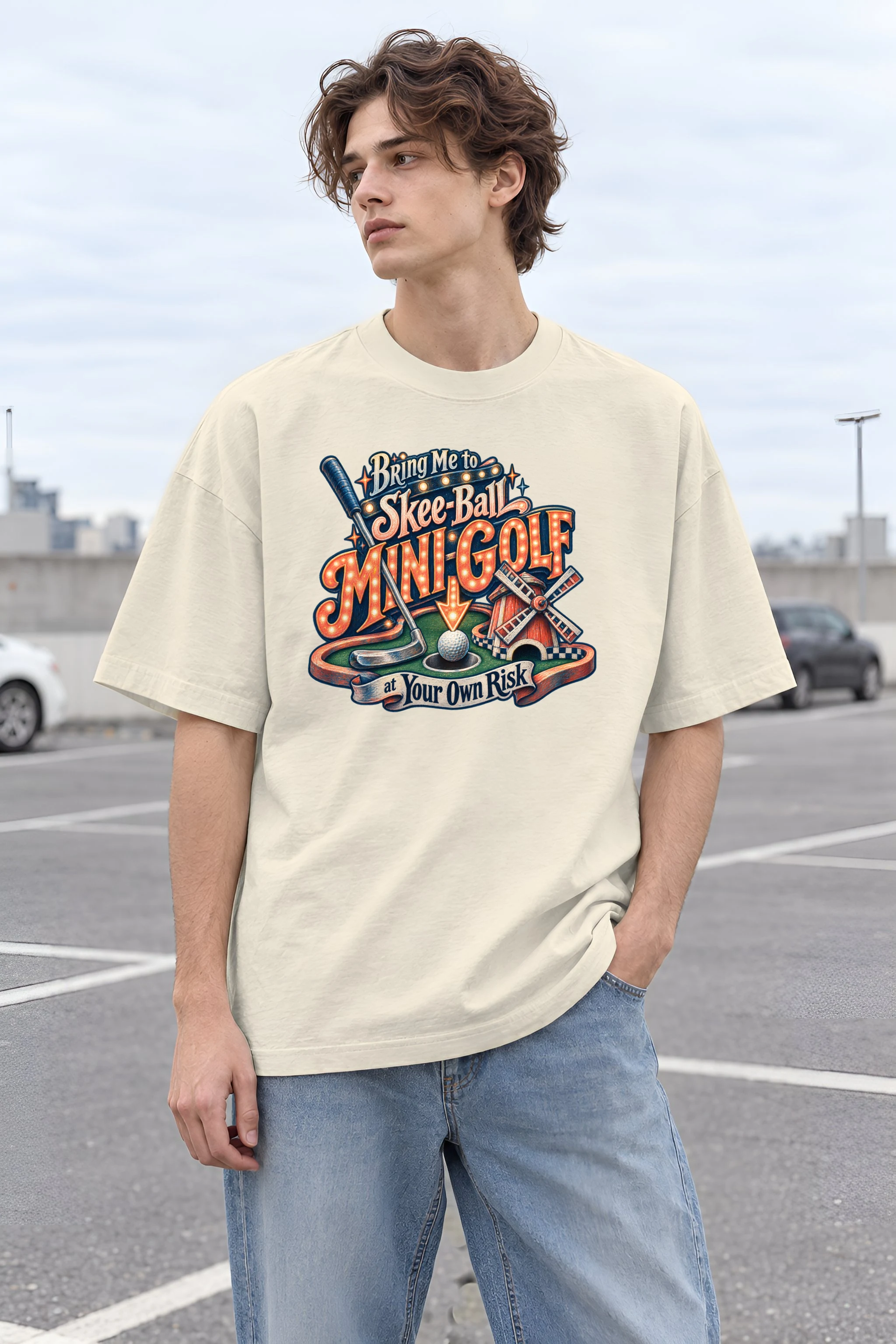 "Mini-Golf at Your Own Risk" Unisex Oversized Heavyweight Crewneck T-Shirt
