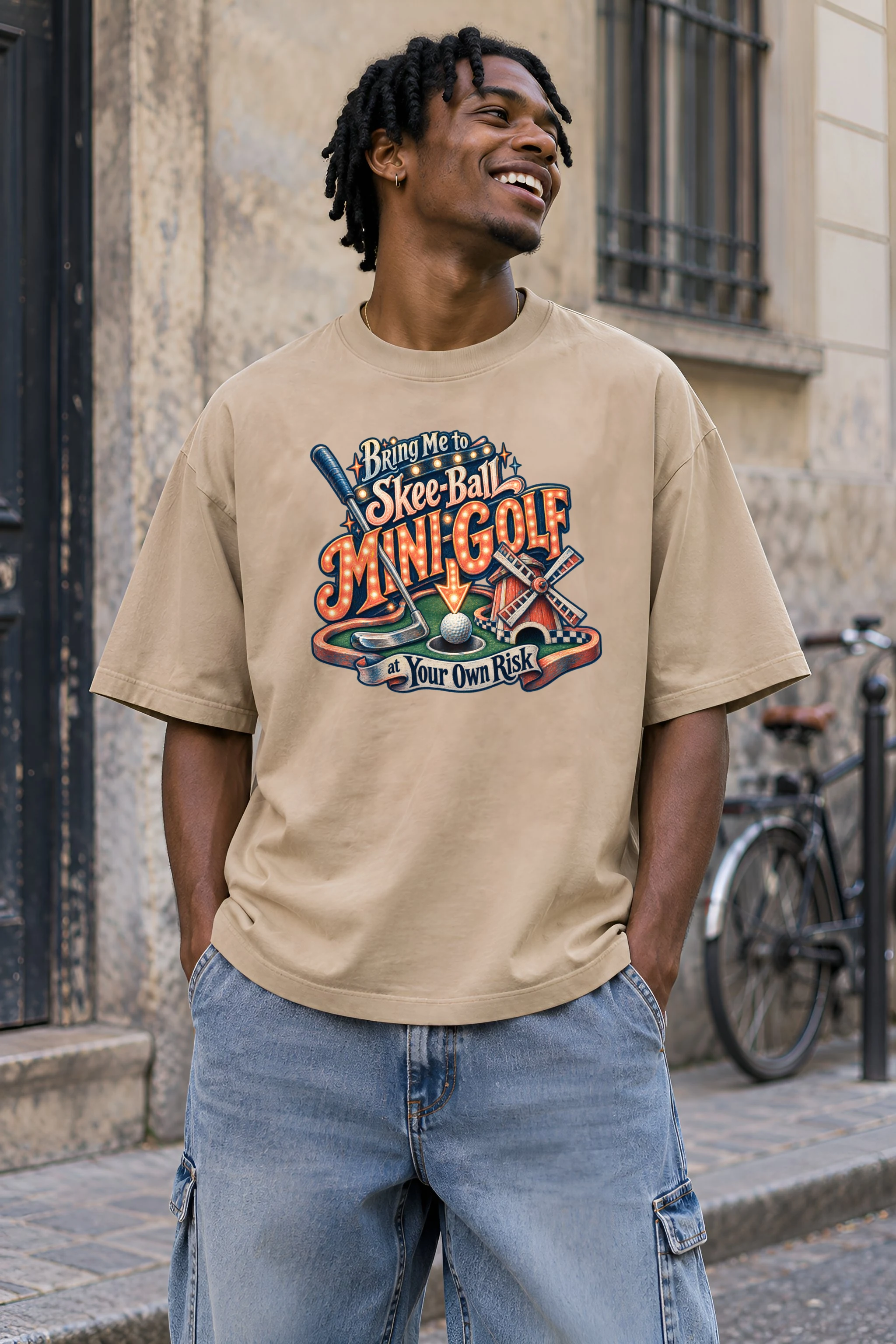 "Mini-Golf at Your Own Risk" Unisex Oversized Heavyweight Crewneck T-Shirt