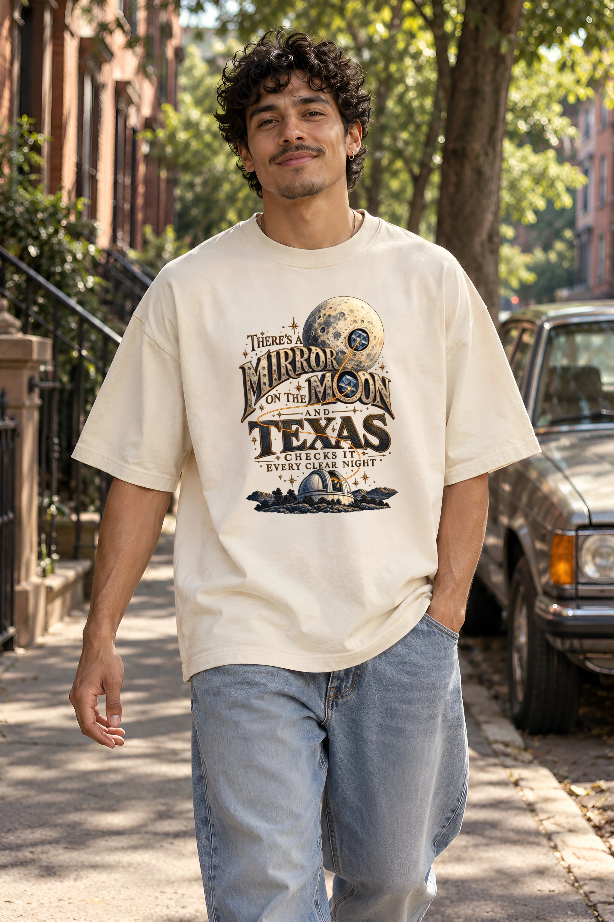"Mirror on the Moon Texas" Unisex Oversized Heavyweight Crewneck T-Shirt