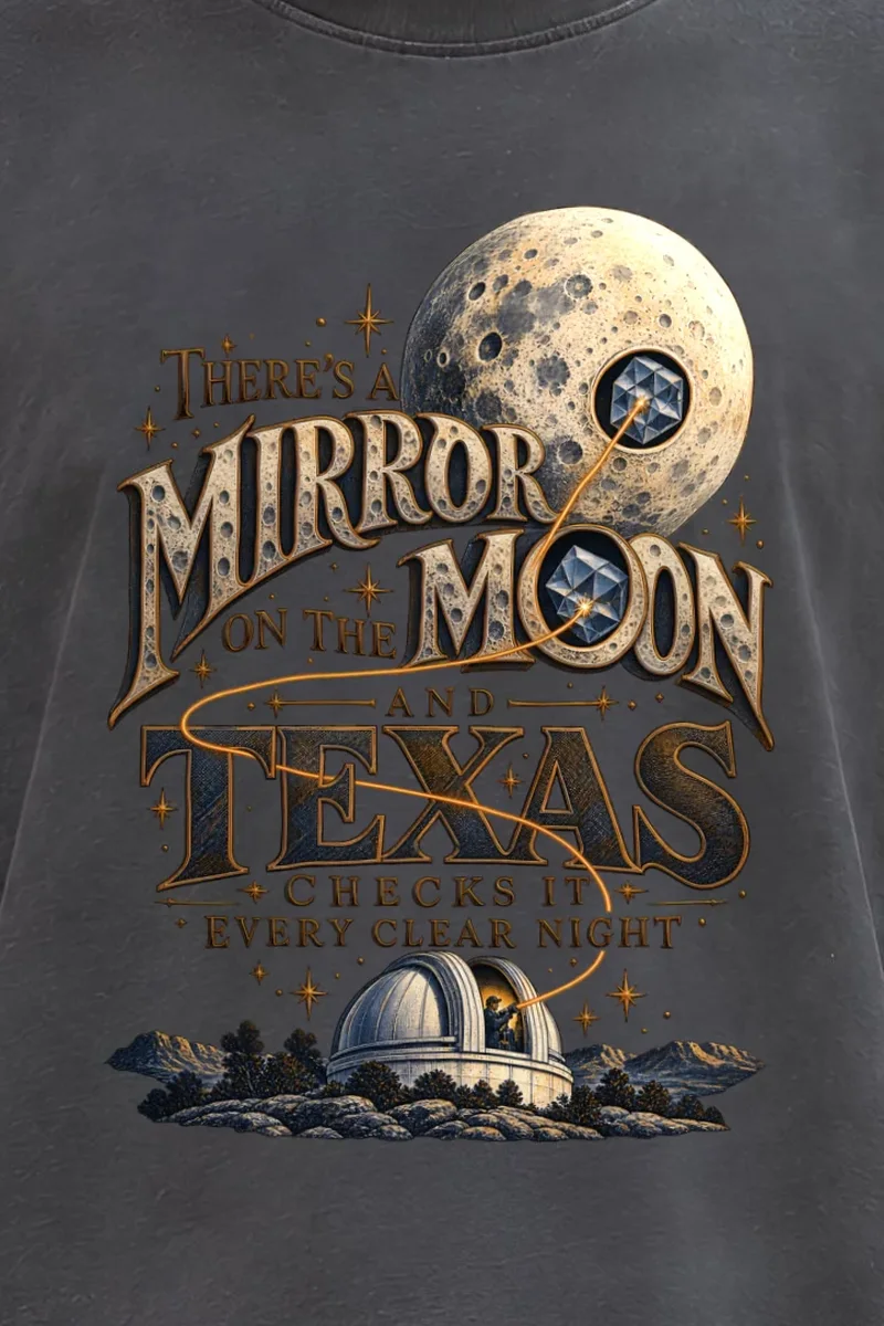 "Mirror on the Moon Texas" Unisex Oversized Heavyweight Crewneck T-Shirt - the graphic up close