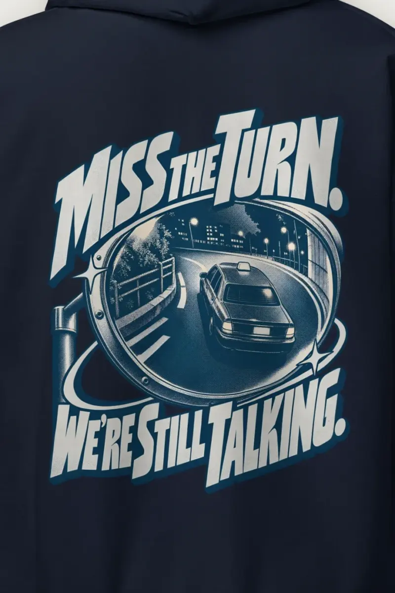"Miss The Turn" Heavy Blend Unisex Pullover Hoodie - the graphic up close